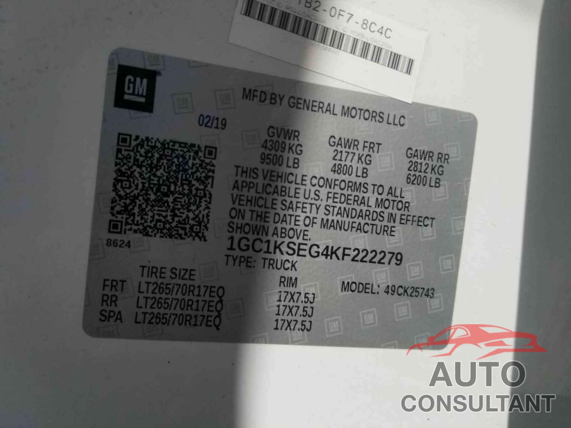 CHEVROLET SILVERADO 2019 - 1GC1KSEG4KF222279
