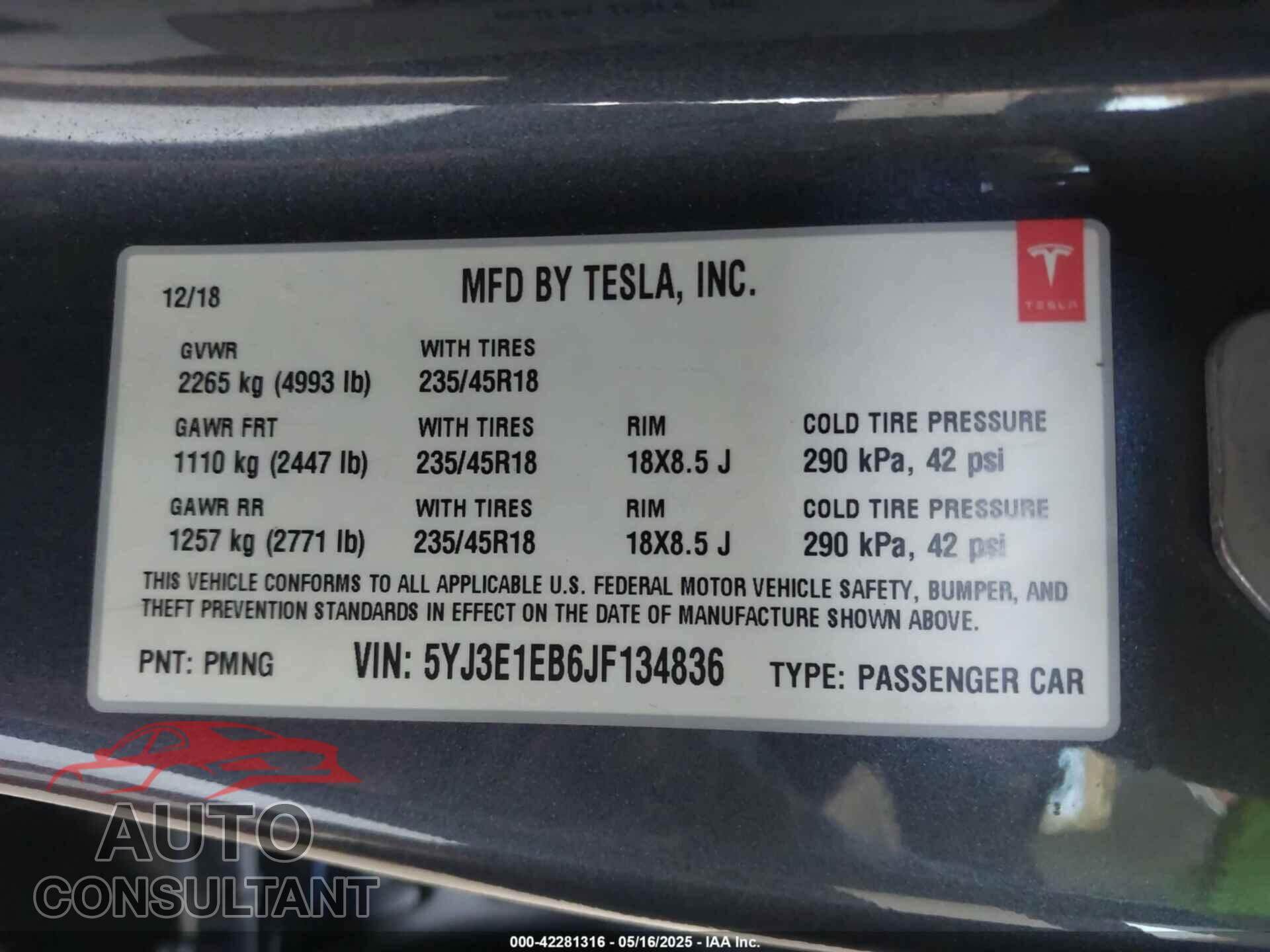 TESLA MODEL 3 2018 - 5YJ3E1EB6JF134836