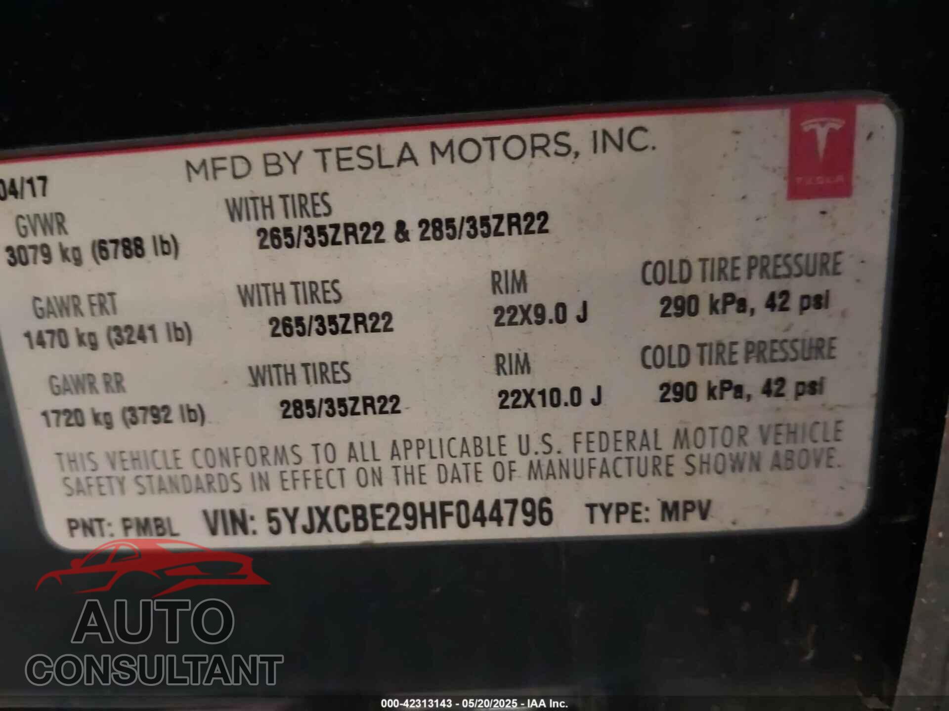 TESLA MODEL X 2017 - 5YJXCBE29HF044796
