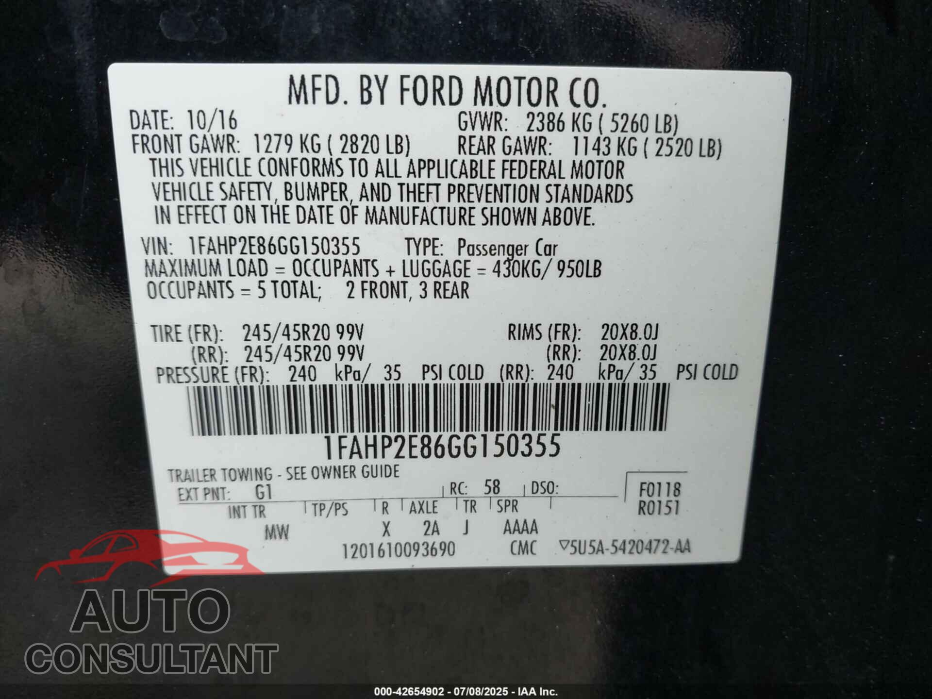 FORD TAURUS 2016 - 1FAHP2E86GG150355