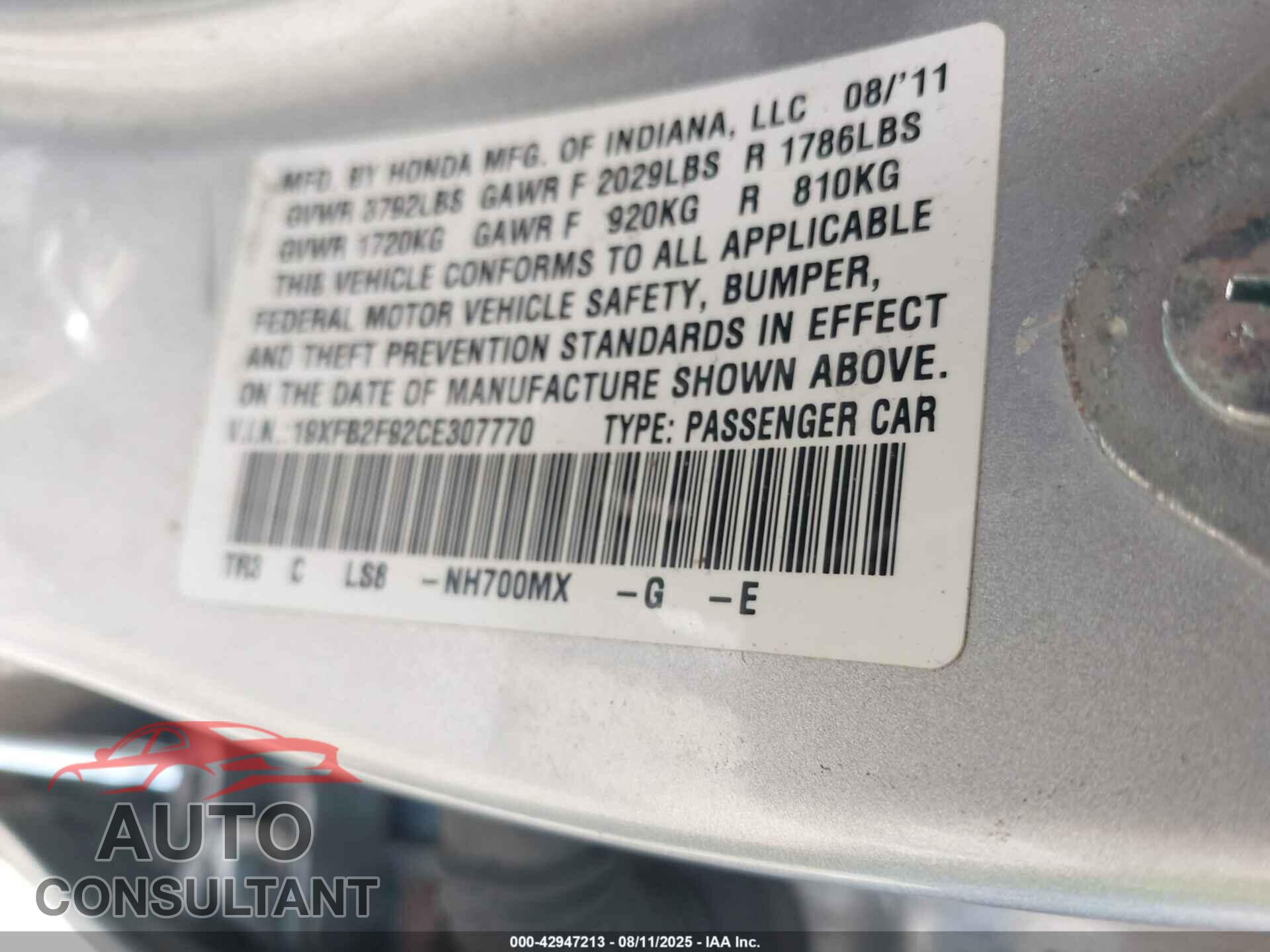 HONDA CIVIC 2012 - 19XFB2F92CE307770