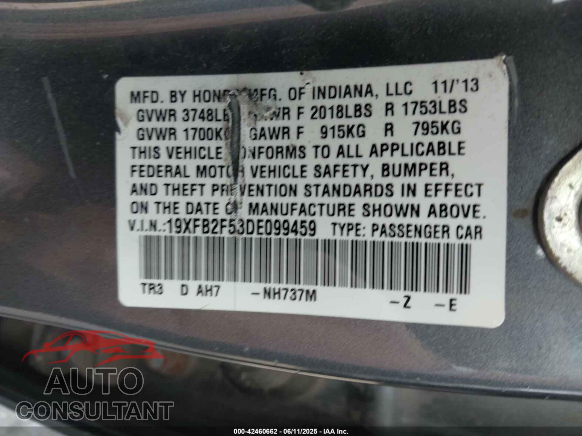 HONDA CIVIC 2013 - 19XFB2F53DE099459