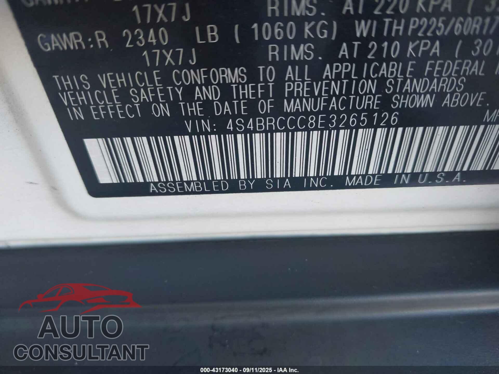 SUBARU OUTBACK 2014 - 4S4BRCCC8E3265126