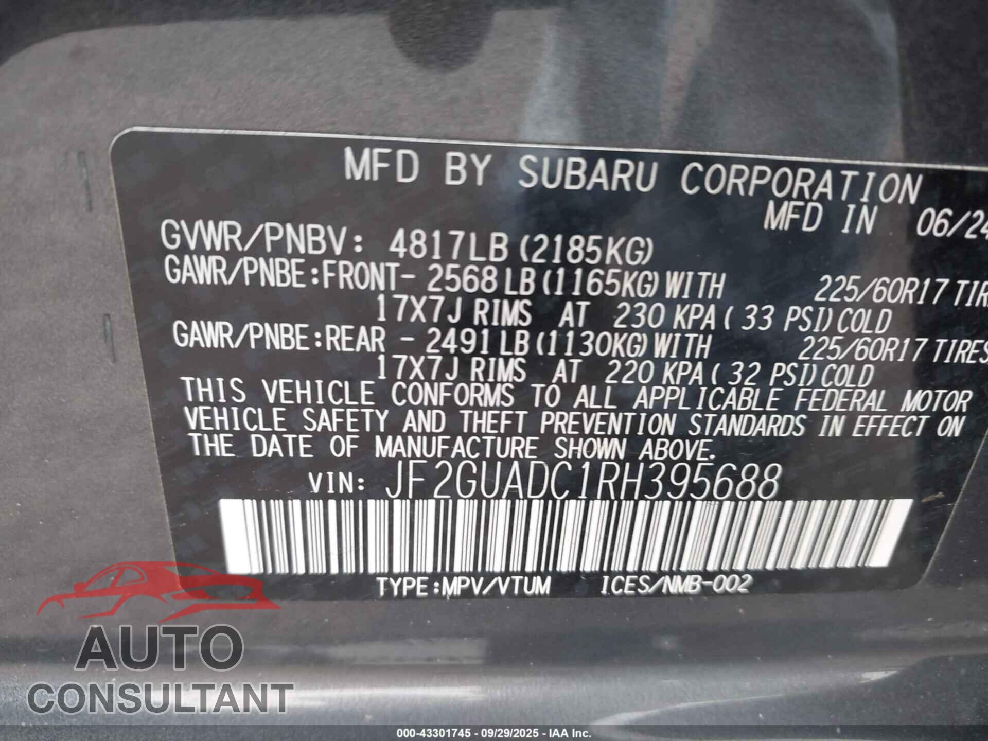 SUBARU CROSSTREK 2024 - JF2GUADC1RH395688