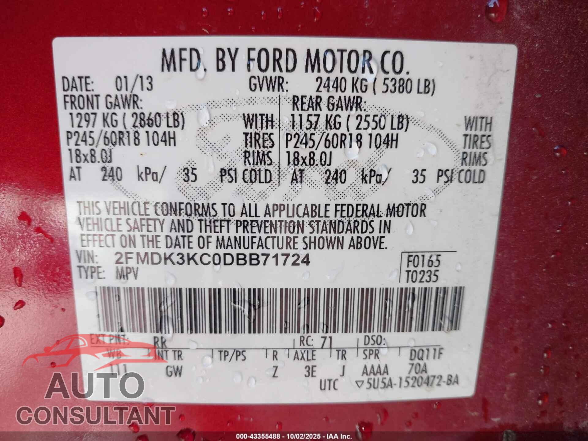 FORD EDGE 2013 - 2FMDK3KC0DBB71724