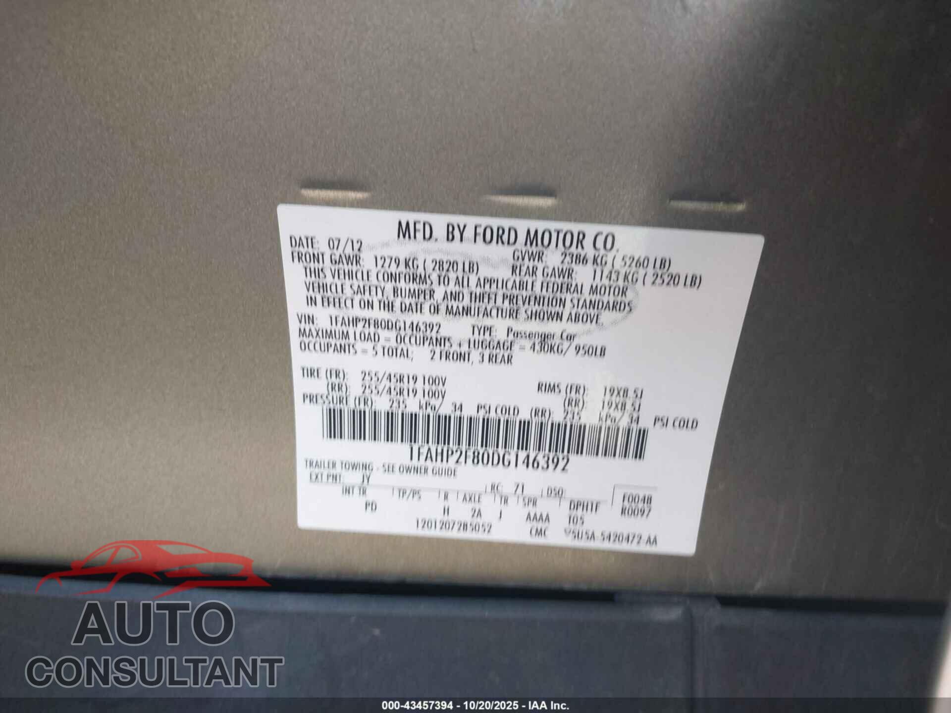 FORD TAURUS 2013 - 1FAHP2F80DG146392
