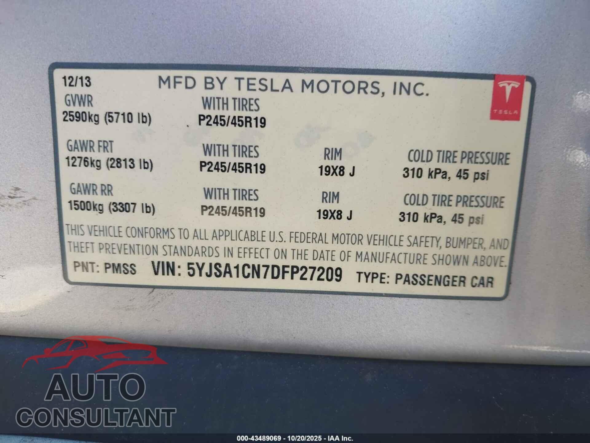 TESLA MODEL S 2013 - 5YJSA1CN7DFP27209
