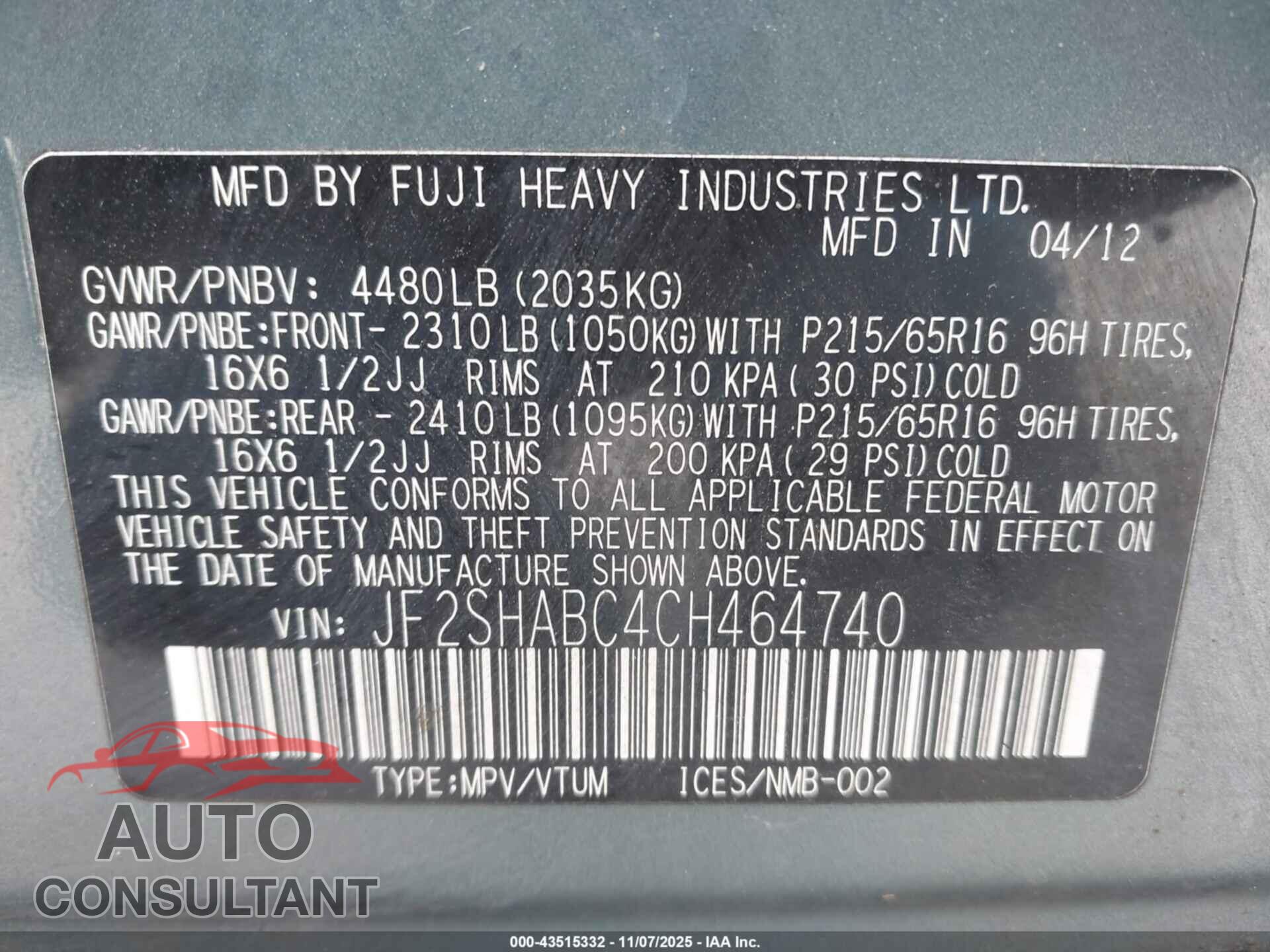 SUBARU FORESTER 2012 - JF2SHABC4CH464740