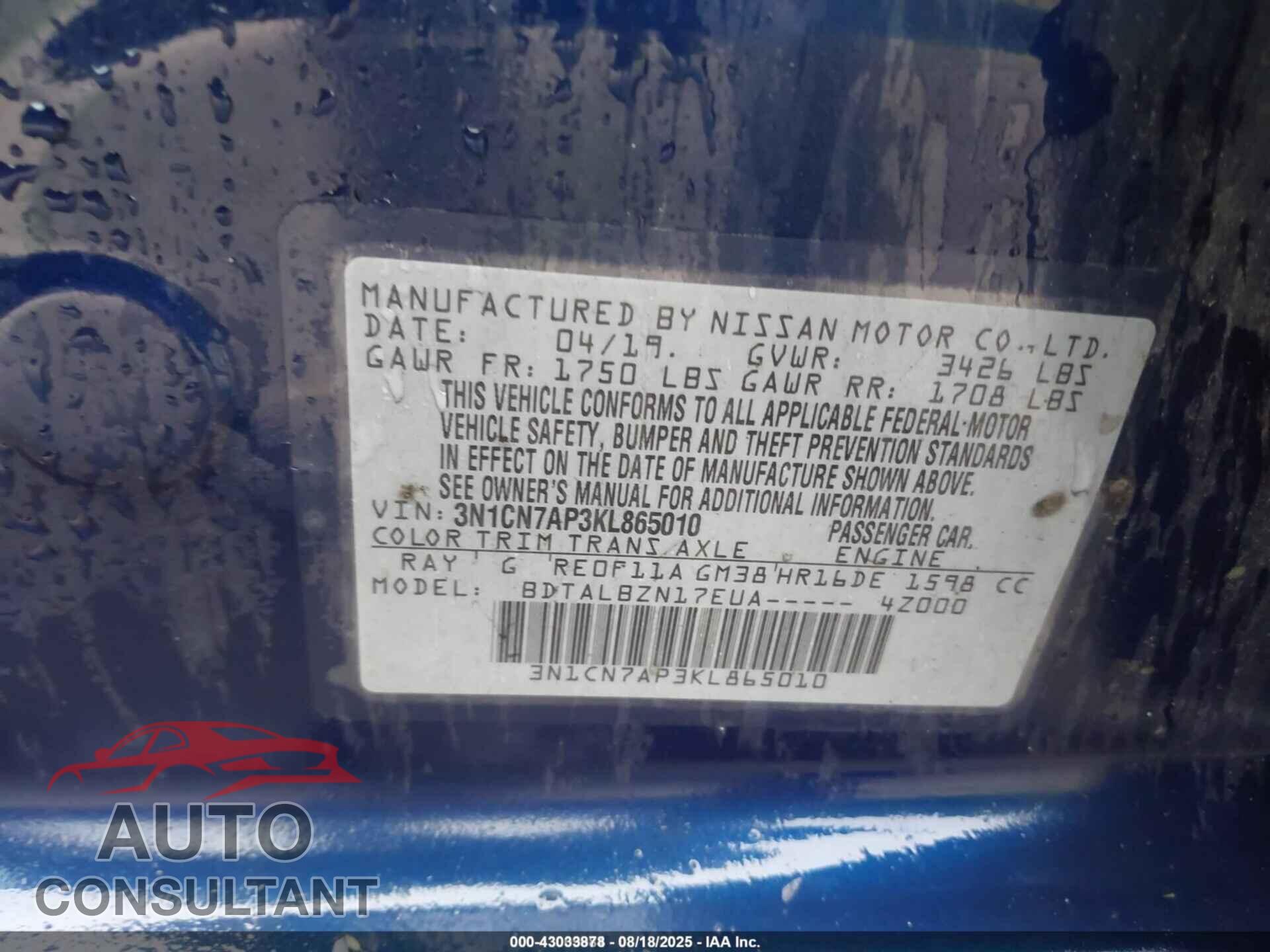 NISSAN VERSA 2019 - 3N1CN7AP3KL865010