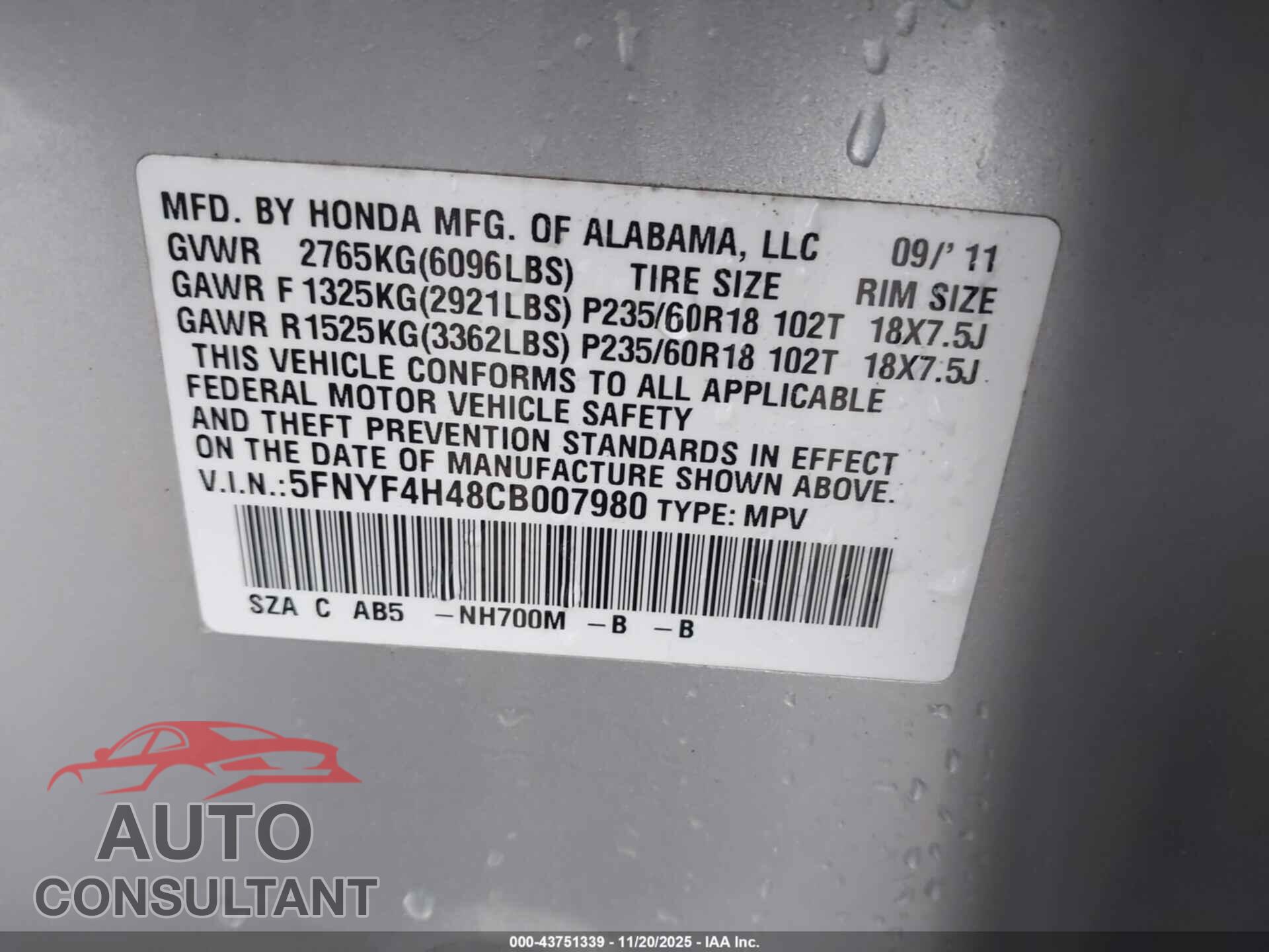 HONDA PILOT 2012 - 5FNYF4H48CB007980