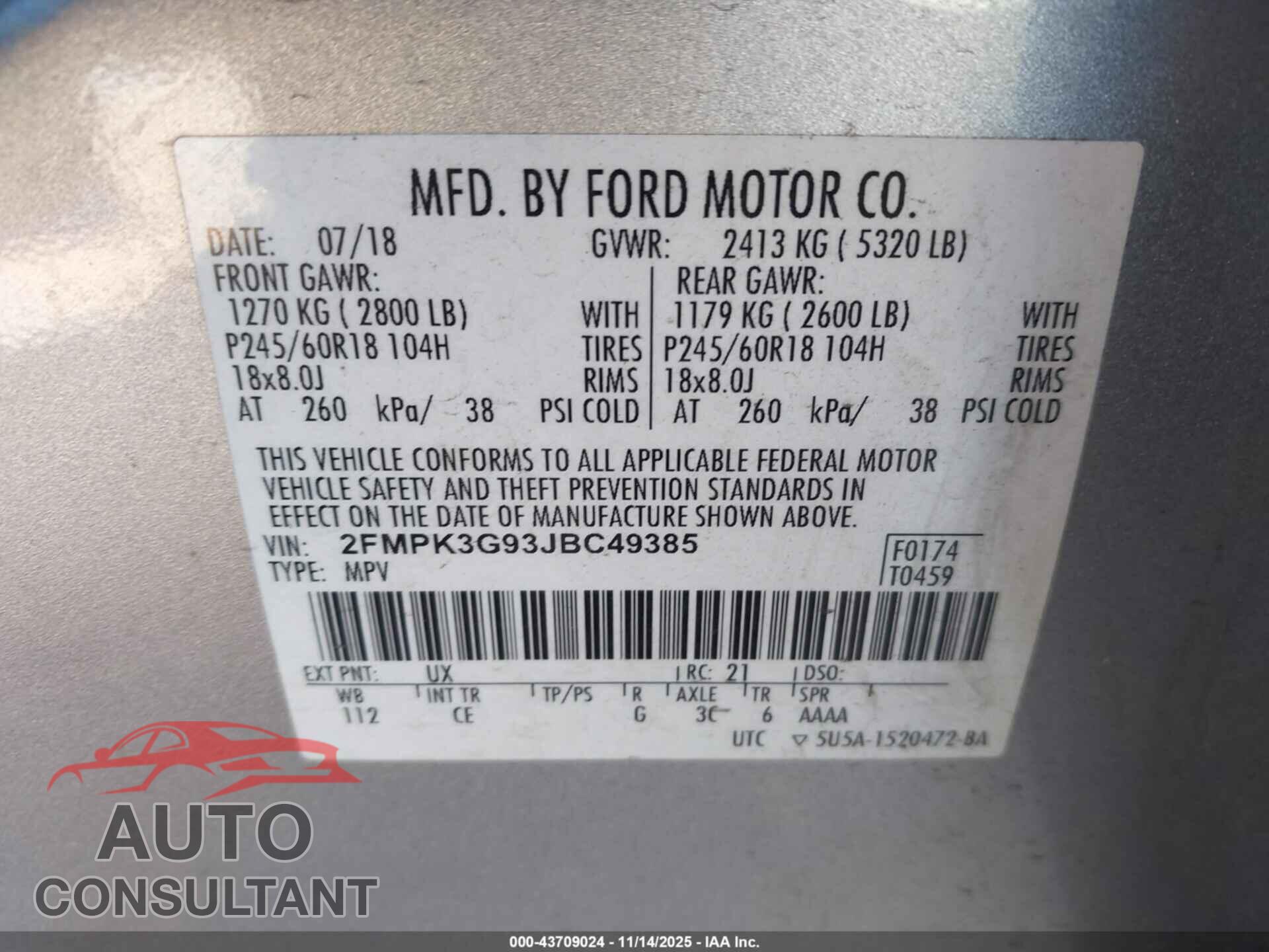 FORD EDGE 2018 - 2FMPK3G93JBC49385