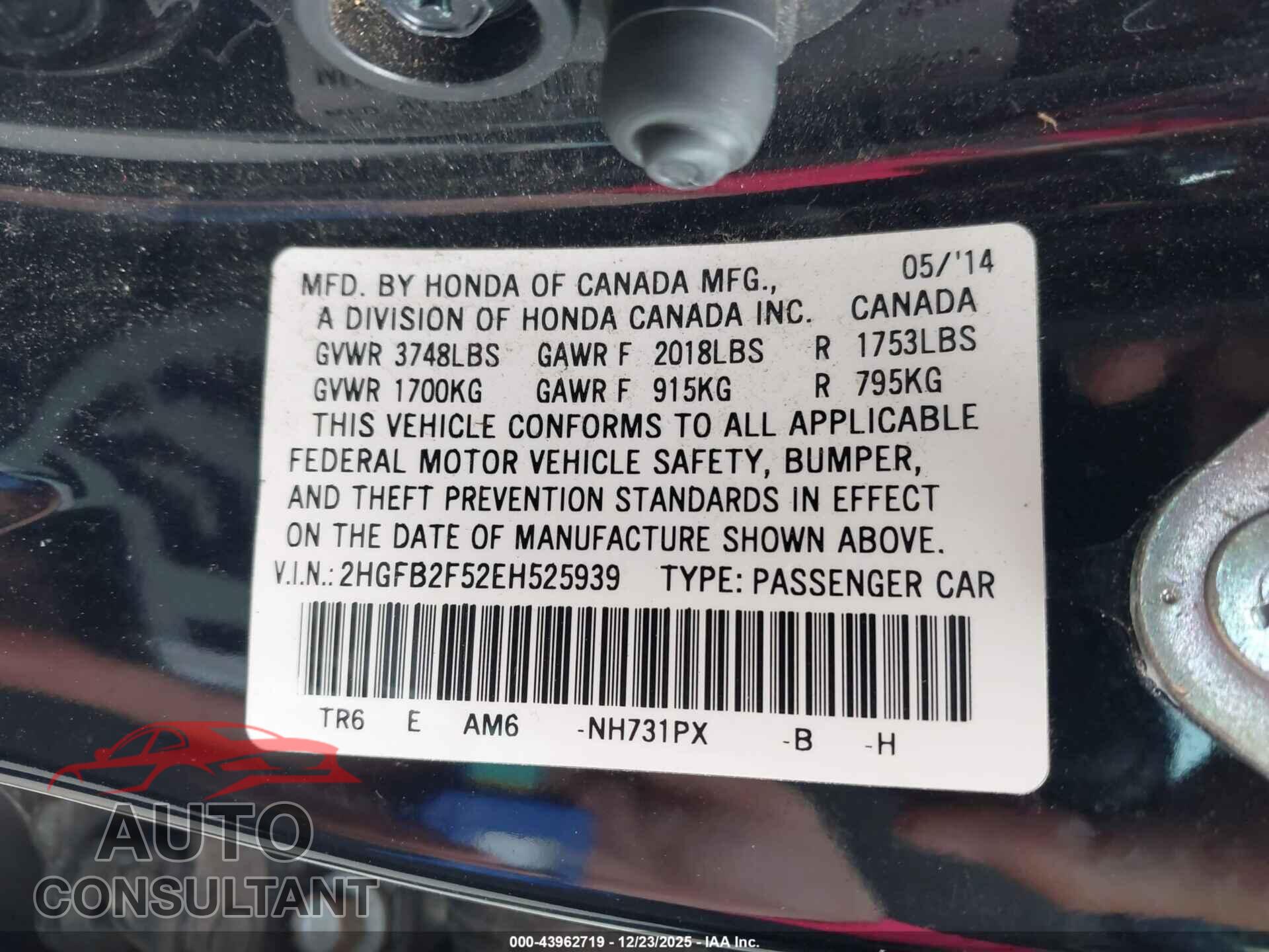 HONDA CIVIC 2014 - 2HGFB2F52EH525939