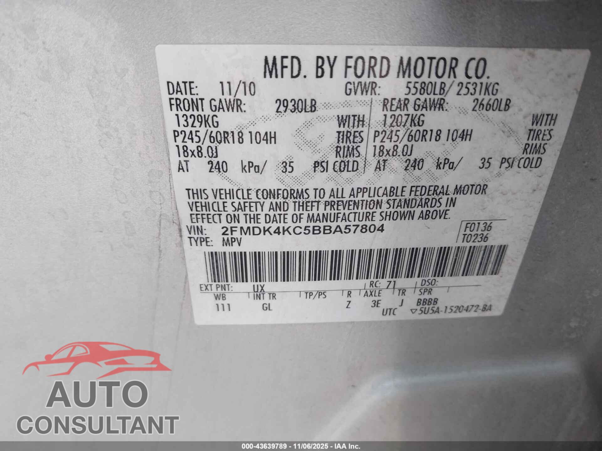 FORD EDGE 2011 - 2FMDK4KC5BBA57804