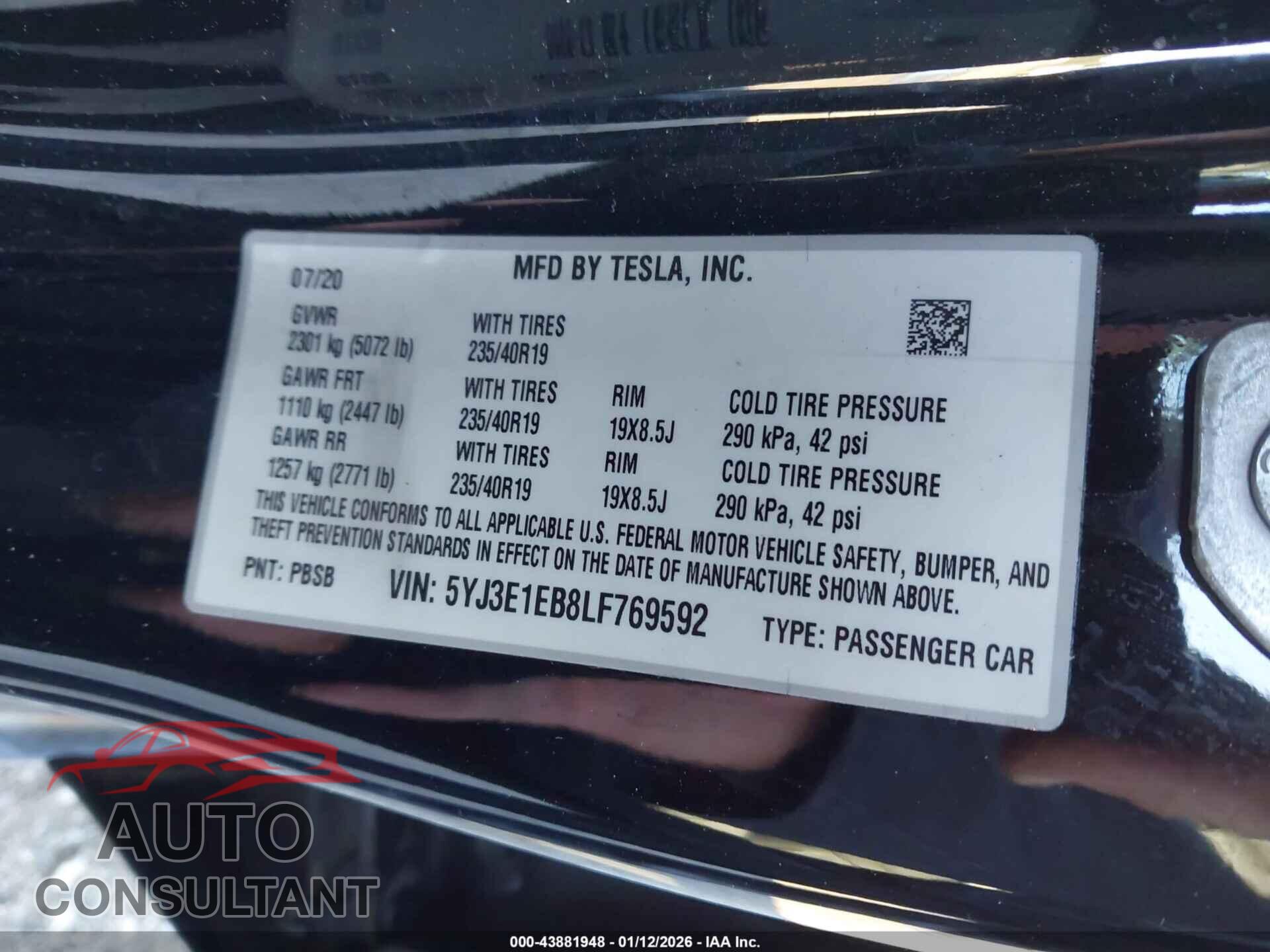 TESLA MODEL 3 2020 - 5YJ3E1EB8LF769592