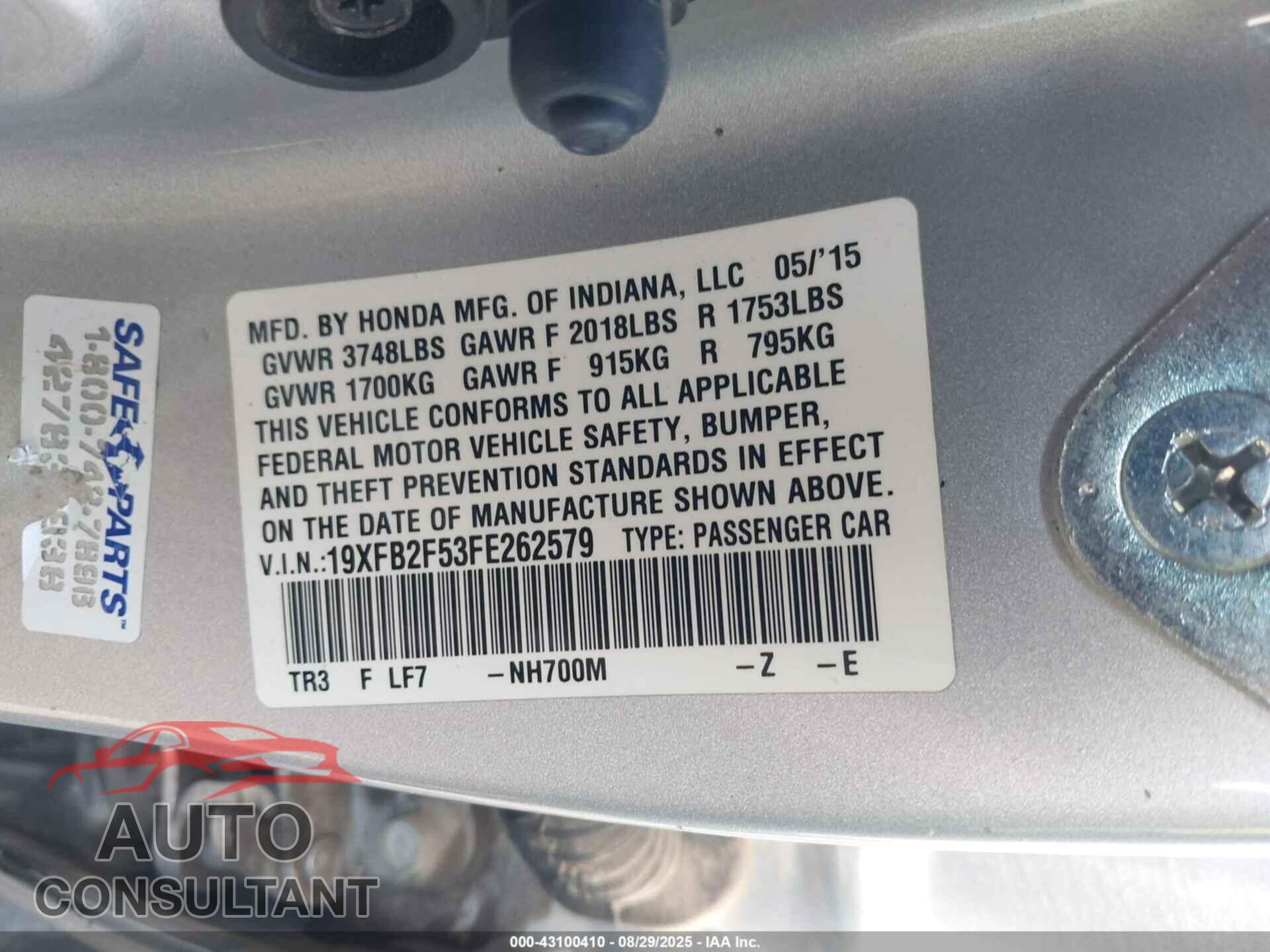 HONDA CIVIC 2015 - 19XFB2F53FE262579