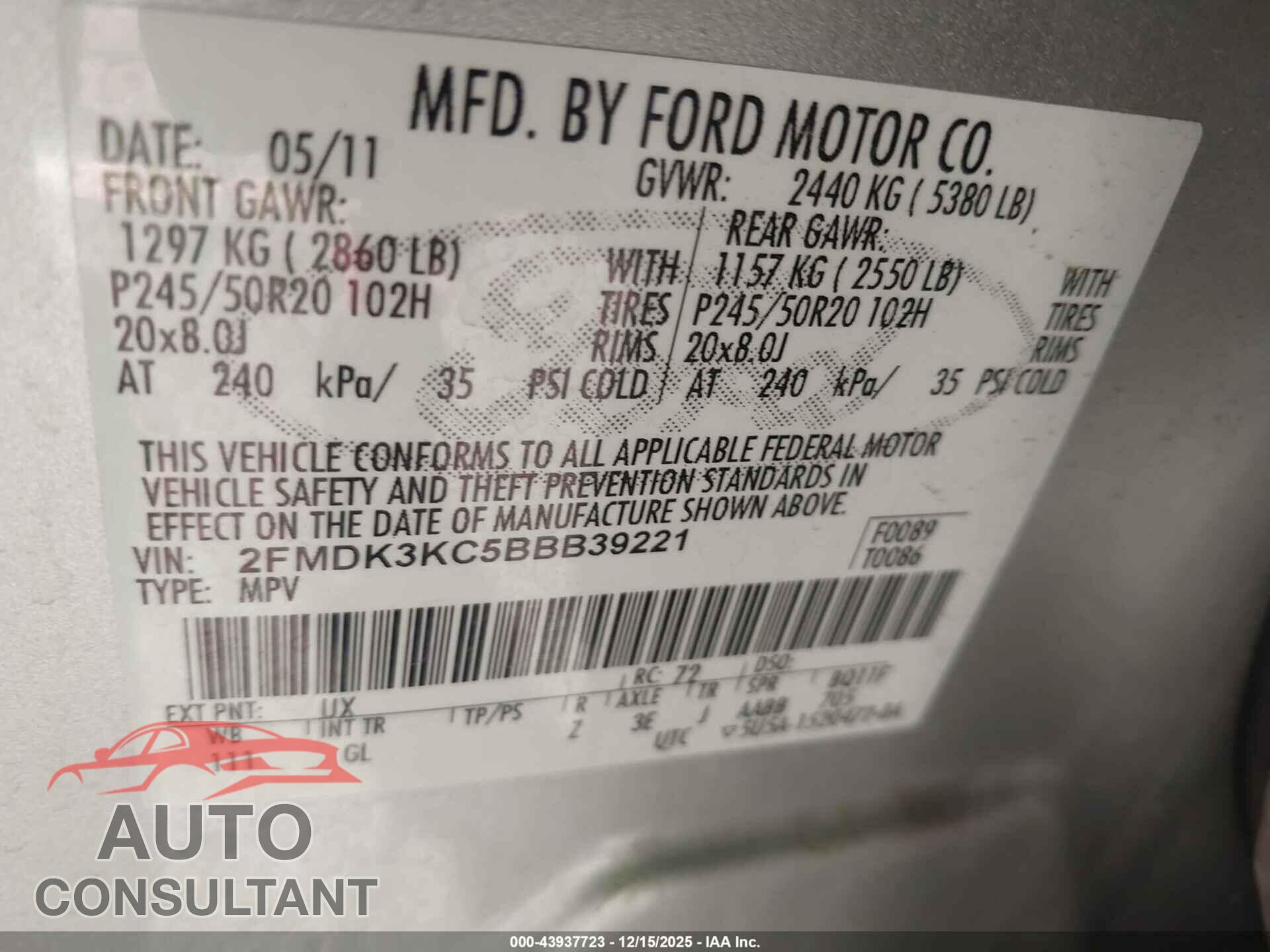 FORD EDGE 2011 - 2FMDK3KC5BBB39221