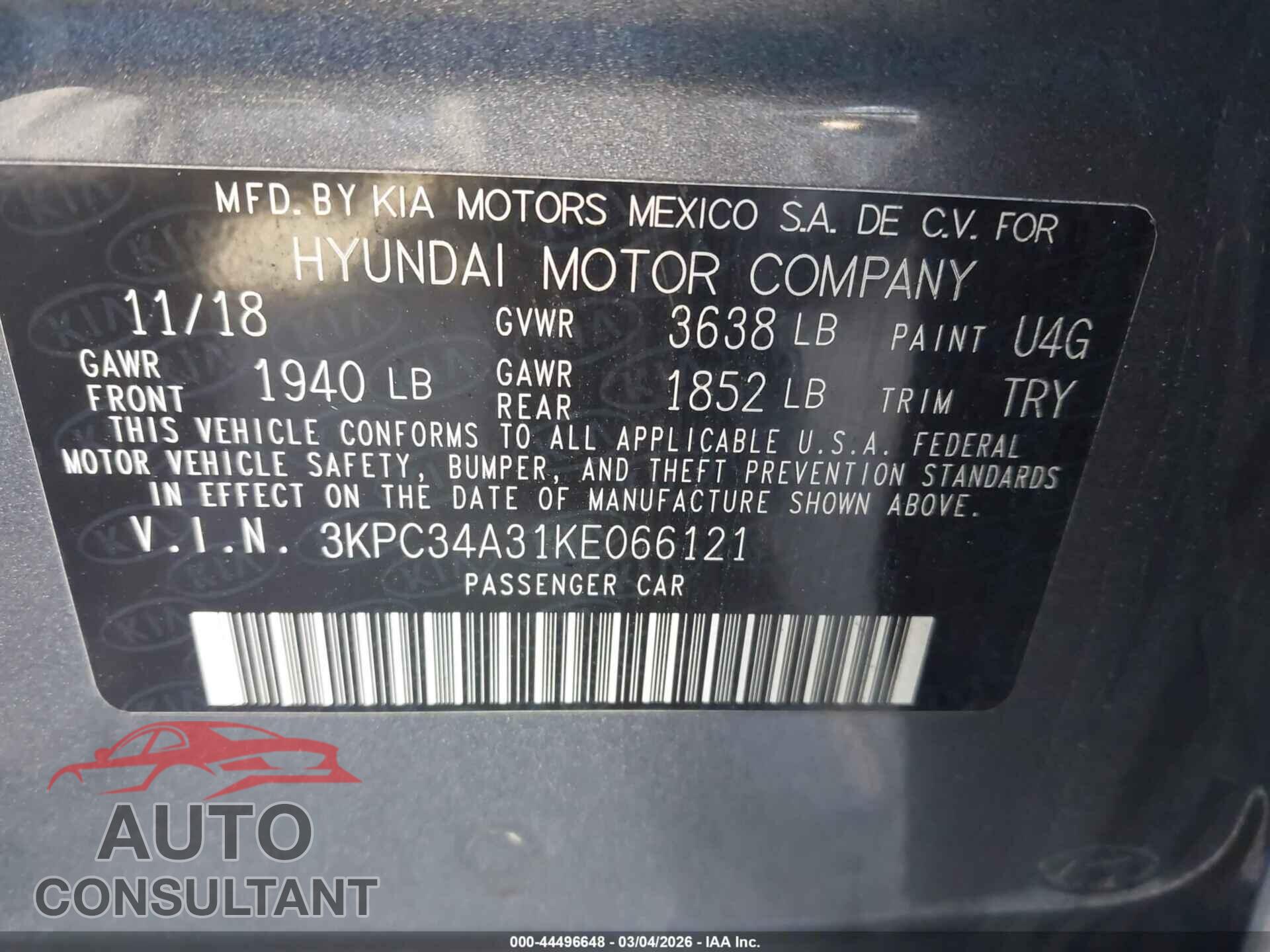 HYUNDAI ACCENT 2019 - 3KPC34A31KE066121