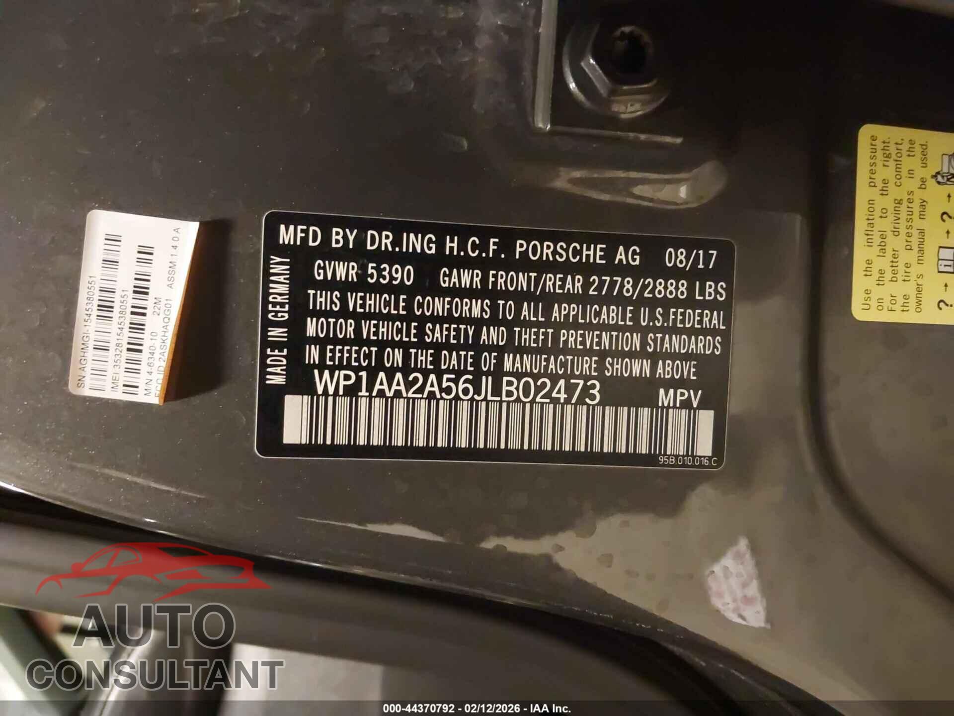 PORSCHE MACAN 2018 - WP1AA2A56JLB02473