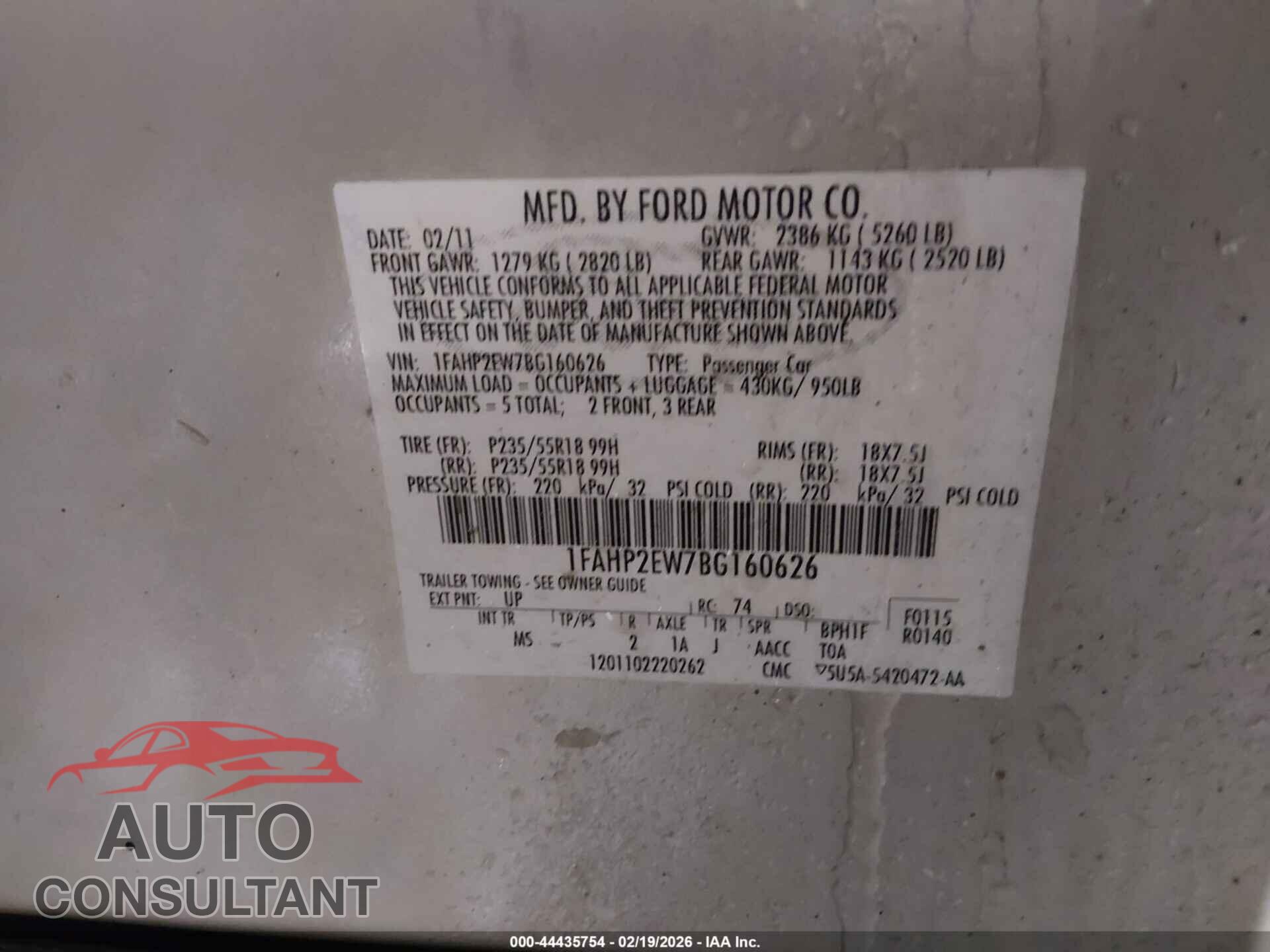 FORD TAURUS 2011 - 1FAHP2EW7BG160626