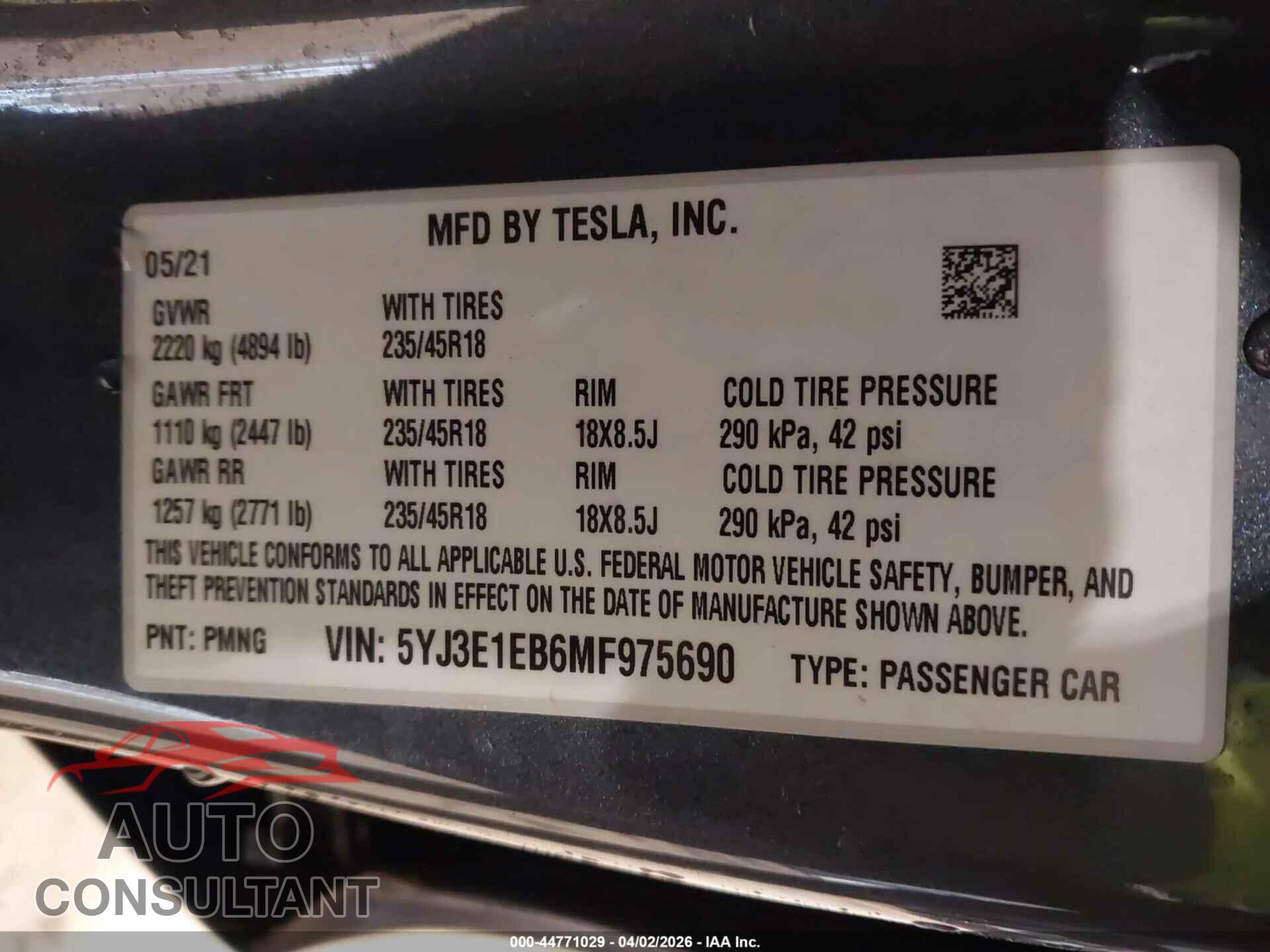 TESLA MODEL 3 2021 - 5YJ3E1EB6MF975690