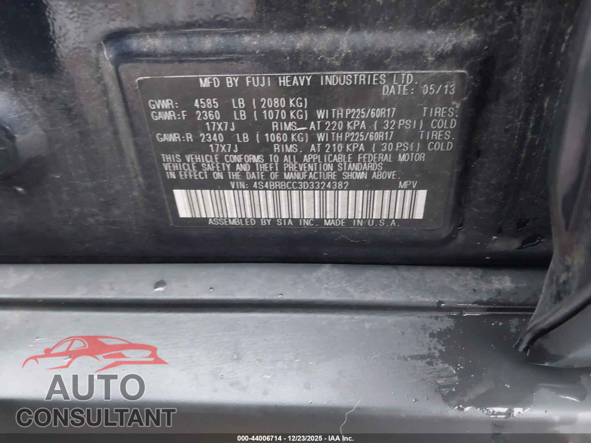 SUBARU OUTBACK 2013 - 4S4BRBCC3D3324382