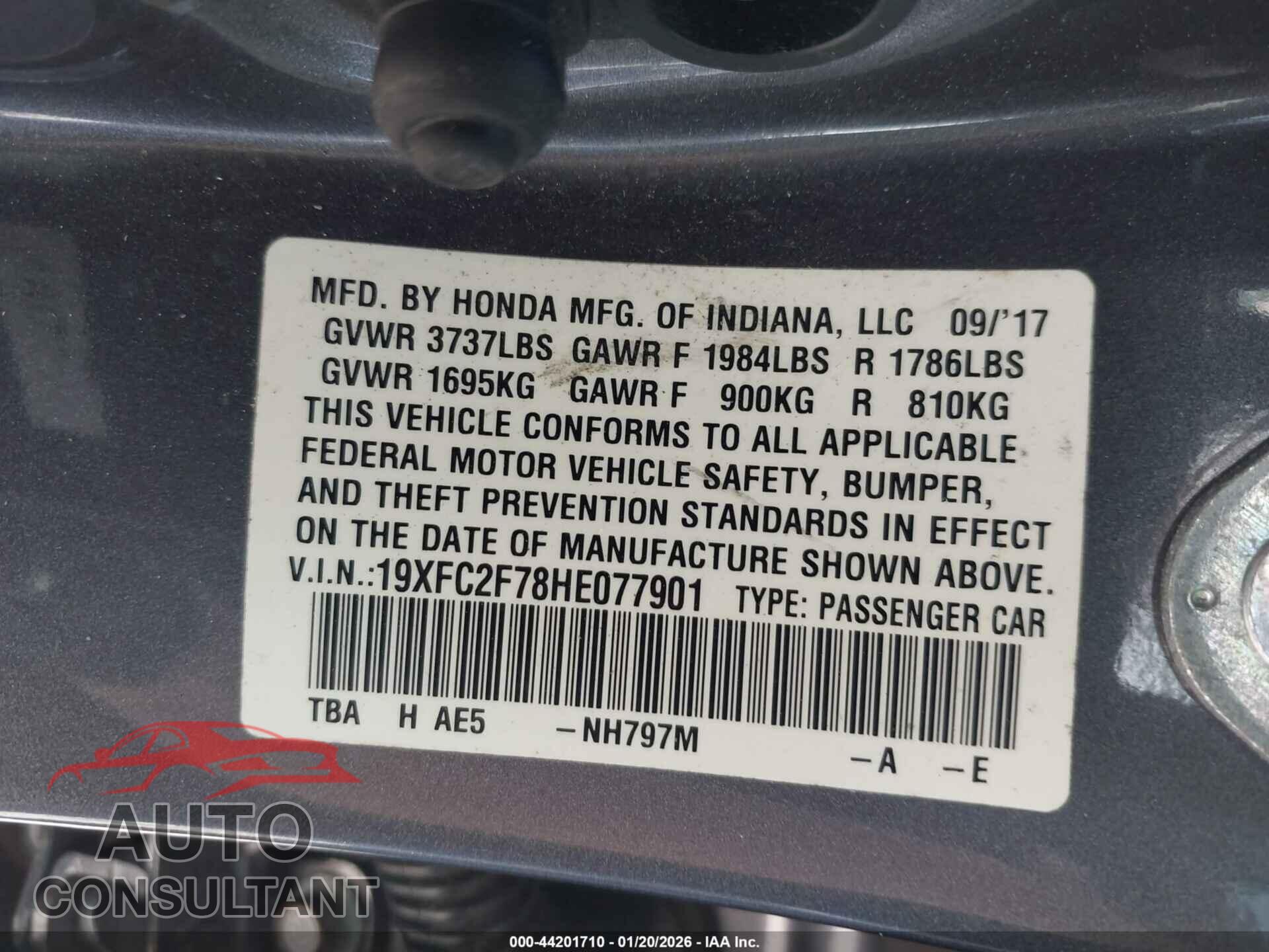 HONDA CIVIC 2017 - 19XFC2F78HE077901