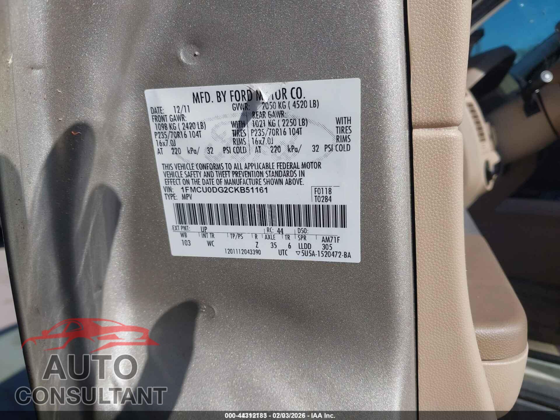 FORD ESCAPE 2012 - 1FMCU0DG2CKB51161