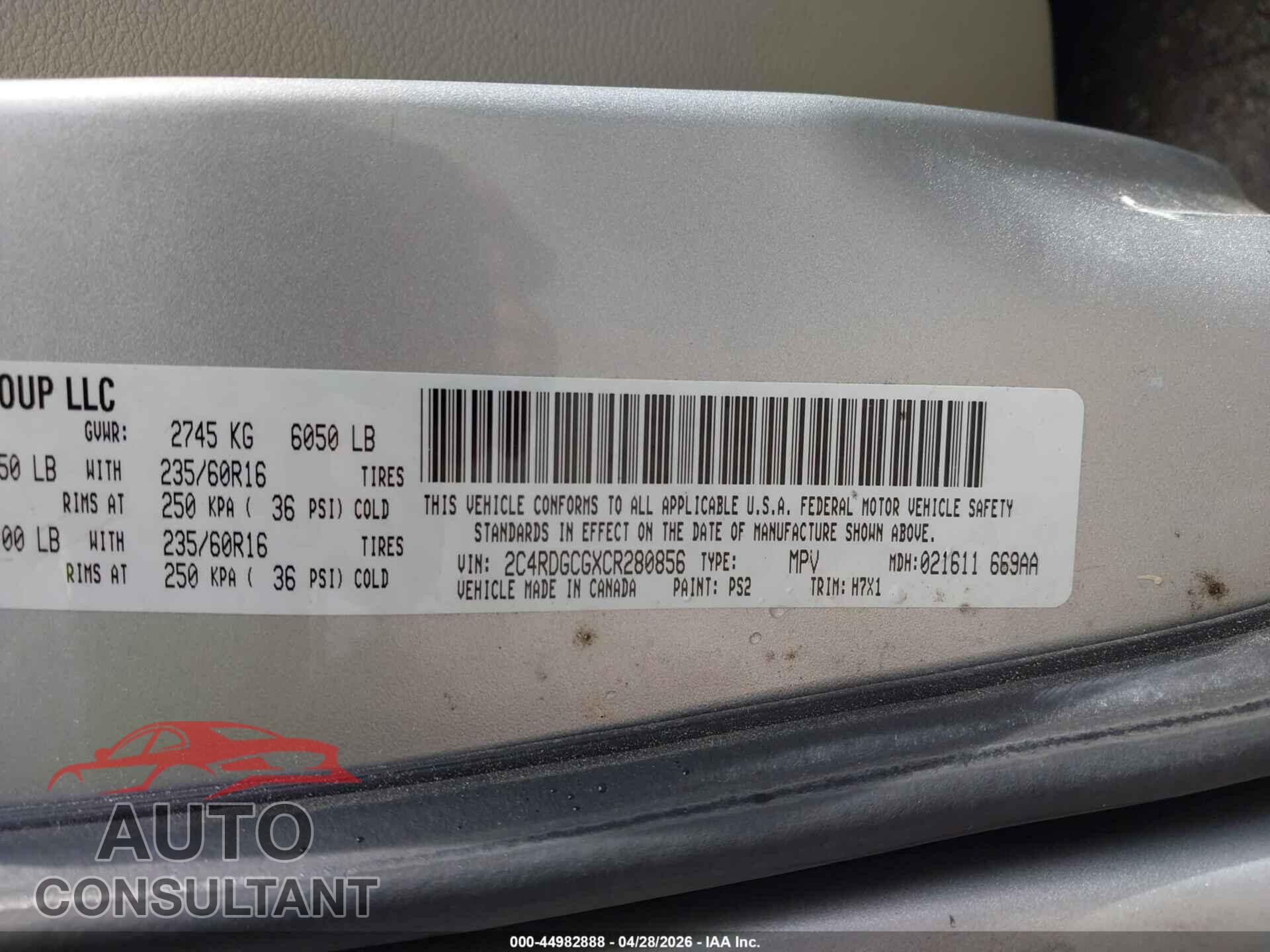 DODGE GRAND CARAVAN 2012 - 2C4RDGCGXCR280856