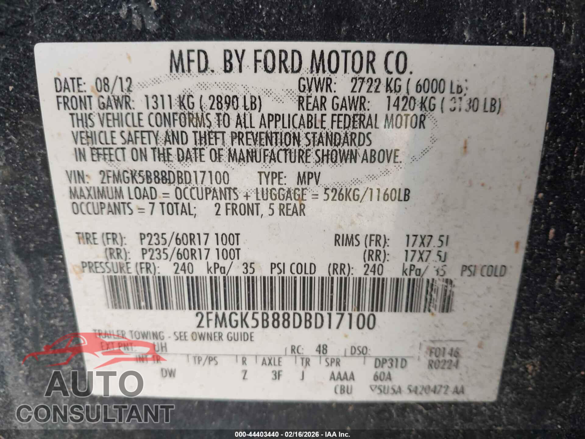 FORD FLEX 2013 - 2FMGK5B88DBD17100
