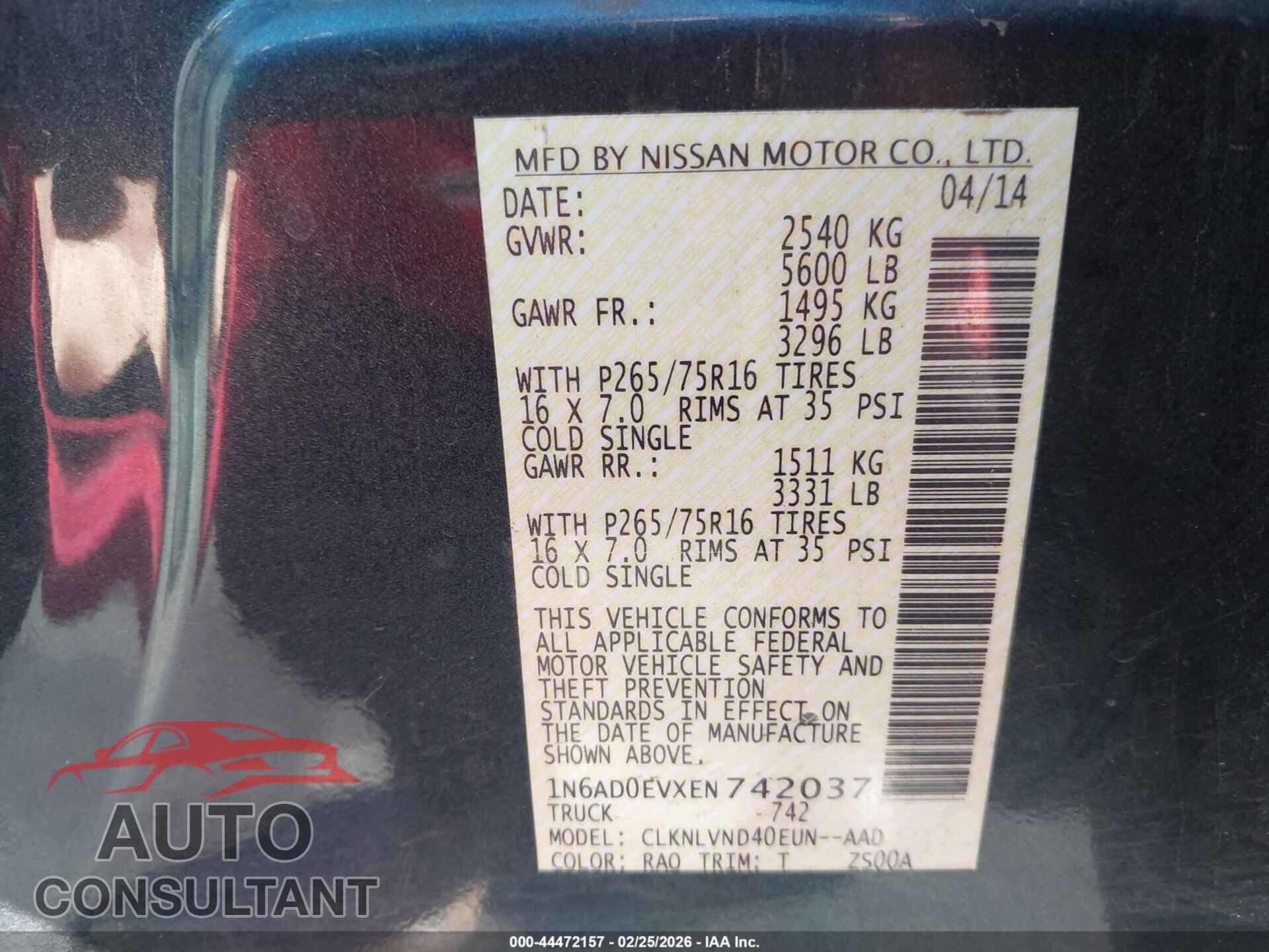 NISSAN FRONTIER 2014 - 1N6AD0EVXEN742037