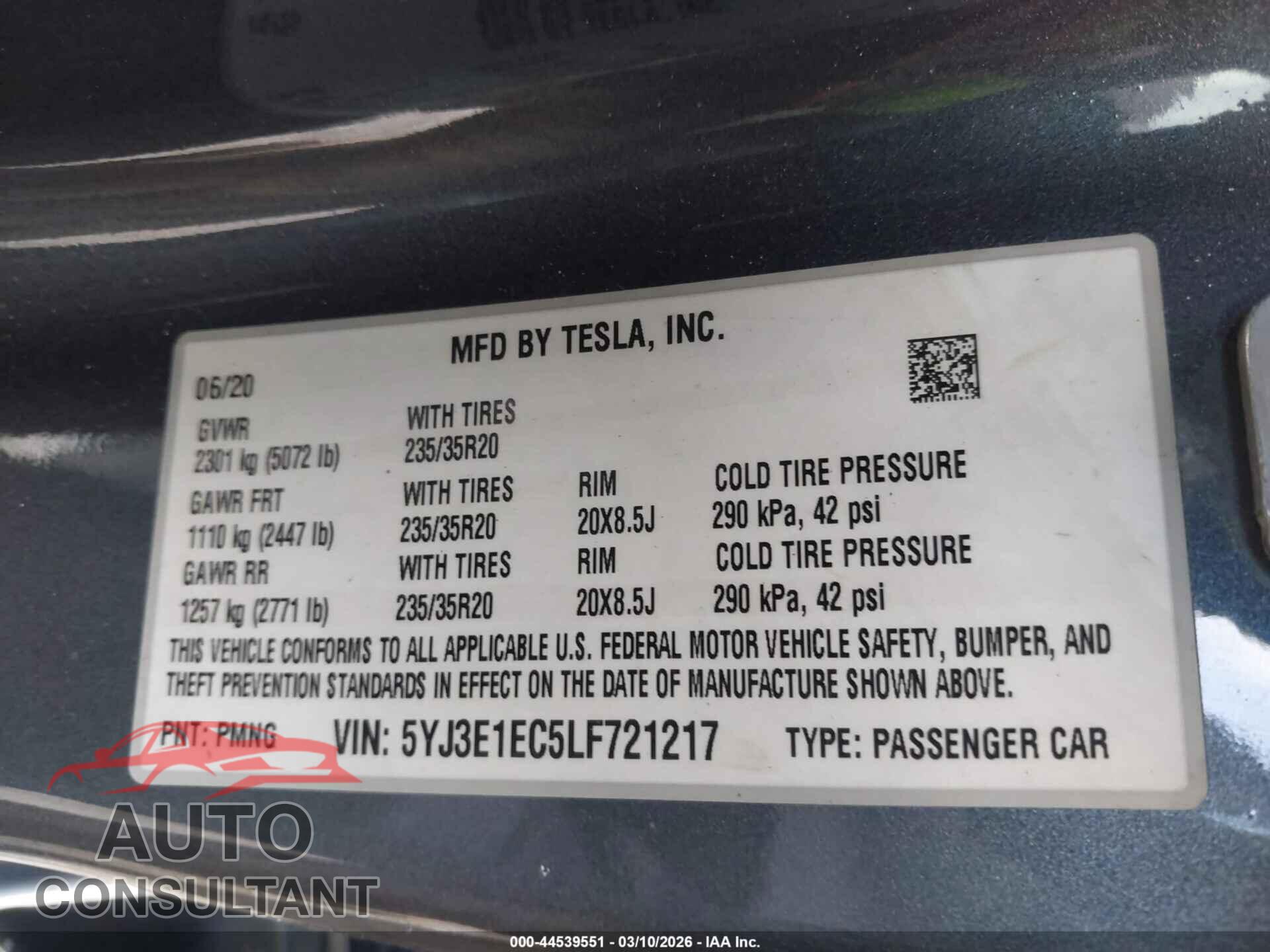 TESLA MODEL 3 2020 - 5YJ3E1EC5LF721217