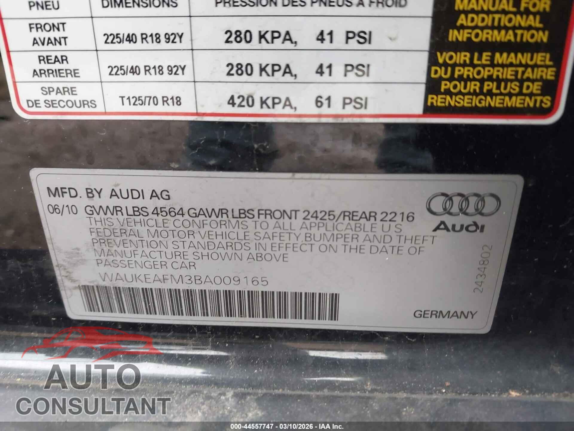 AUDI A3 2011 - WAUKEAFM3BA009165