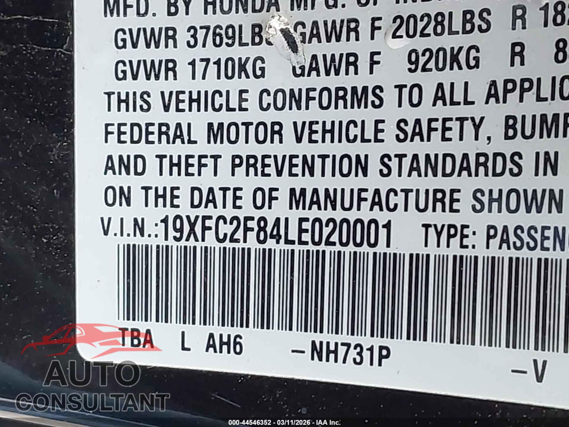 HONDA CIVIC 2020 - 19XFC2F84LE020001