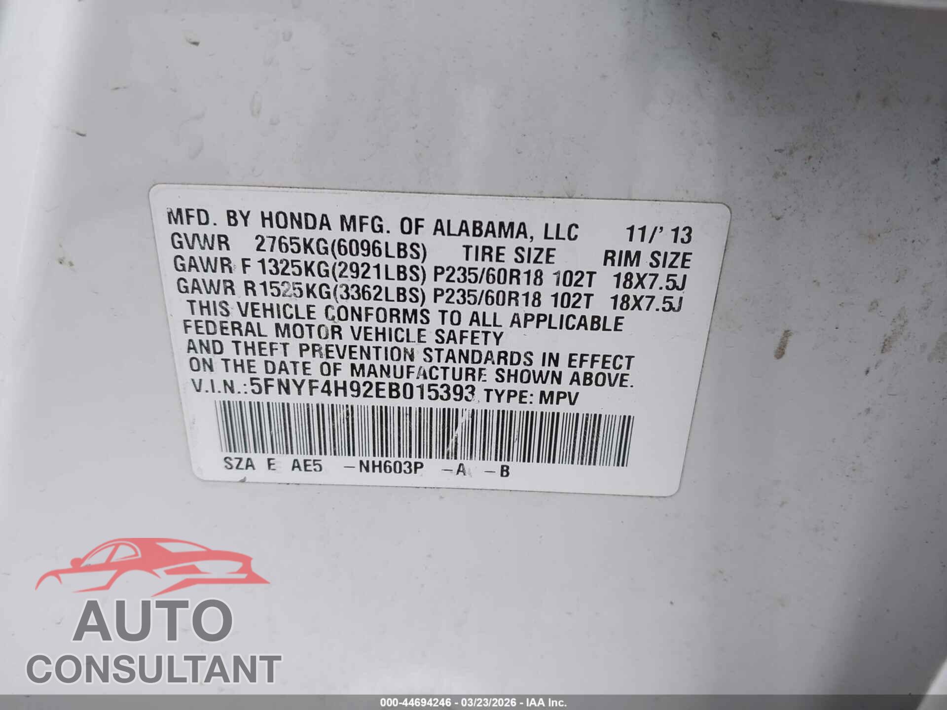 HONDA PILOT 2014 - 5FNYF4H92EB015393