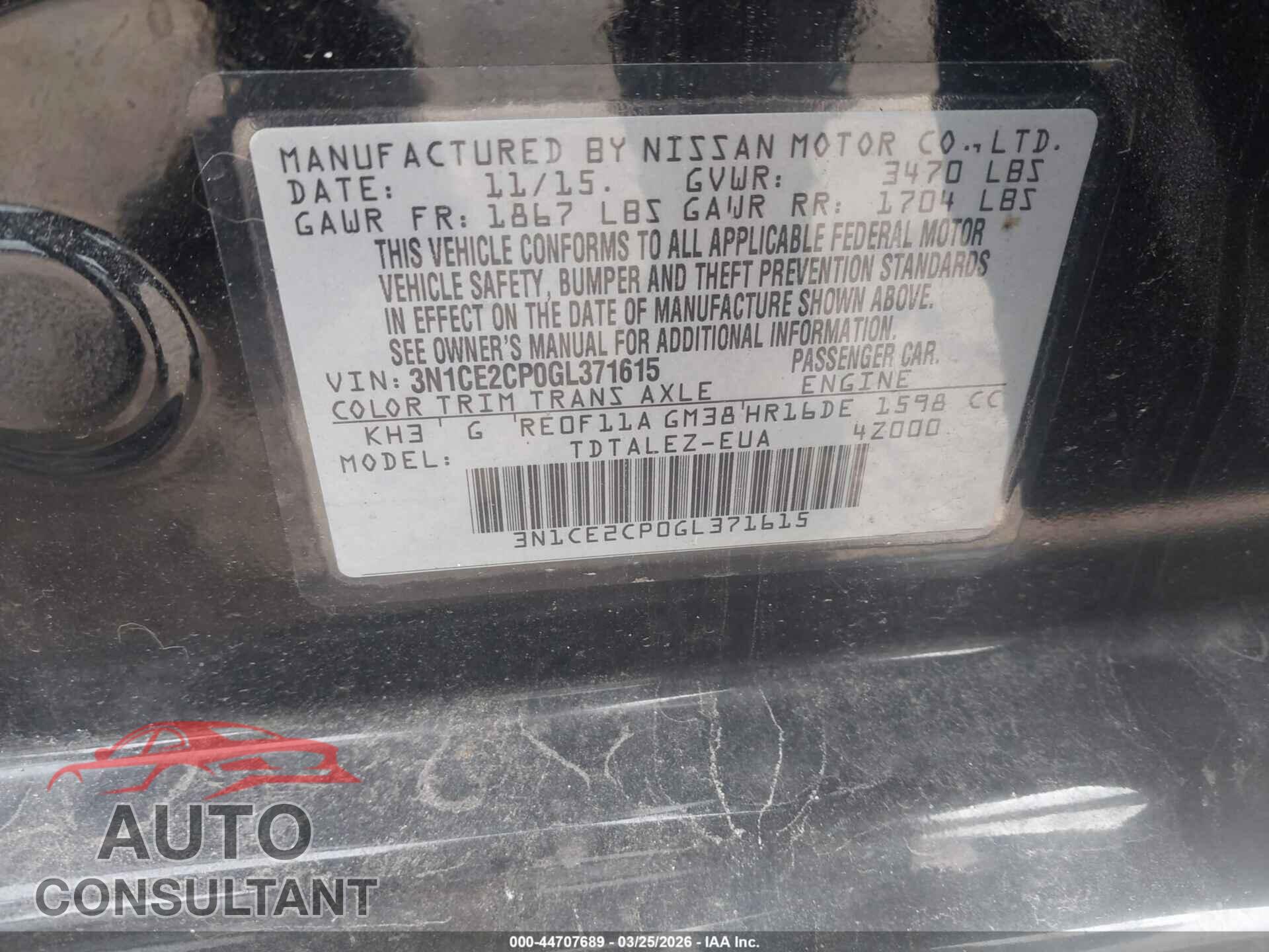 NISSAN VERSA NOTE 2016 - 3N1CE2CP0GL371615