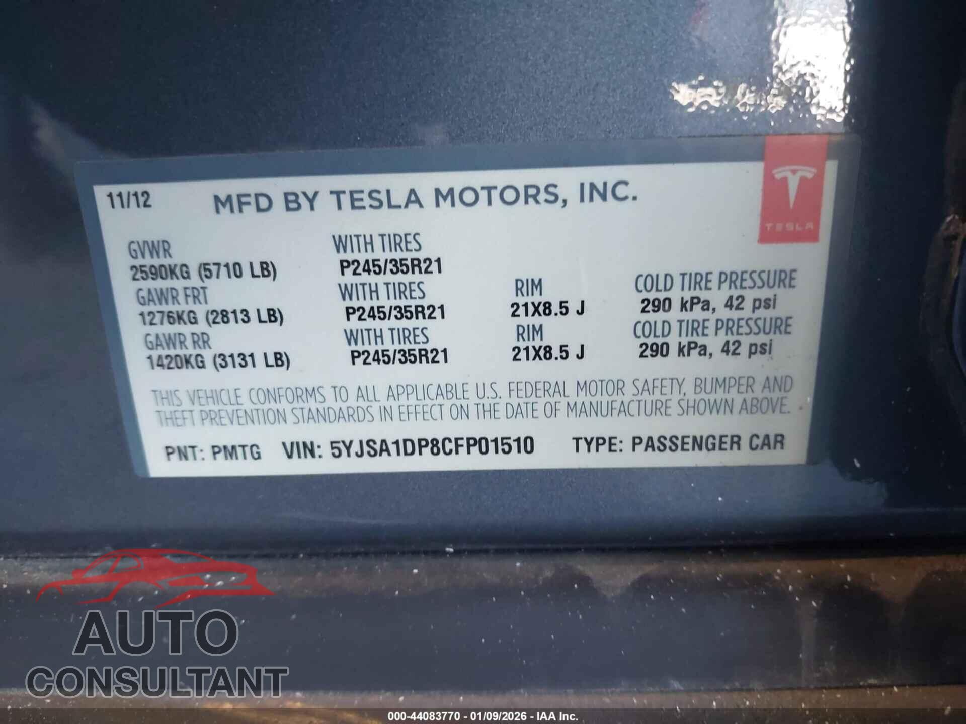 TESLA MODEL S 2012 - 5YJSA1DP8CFP01510