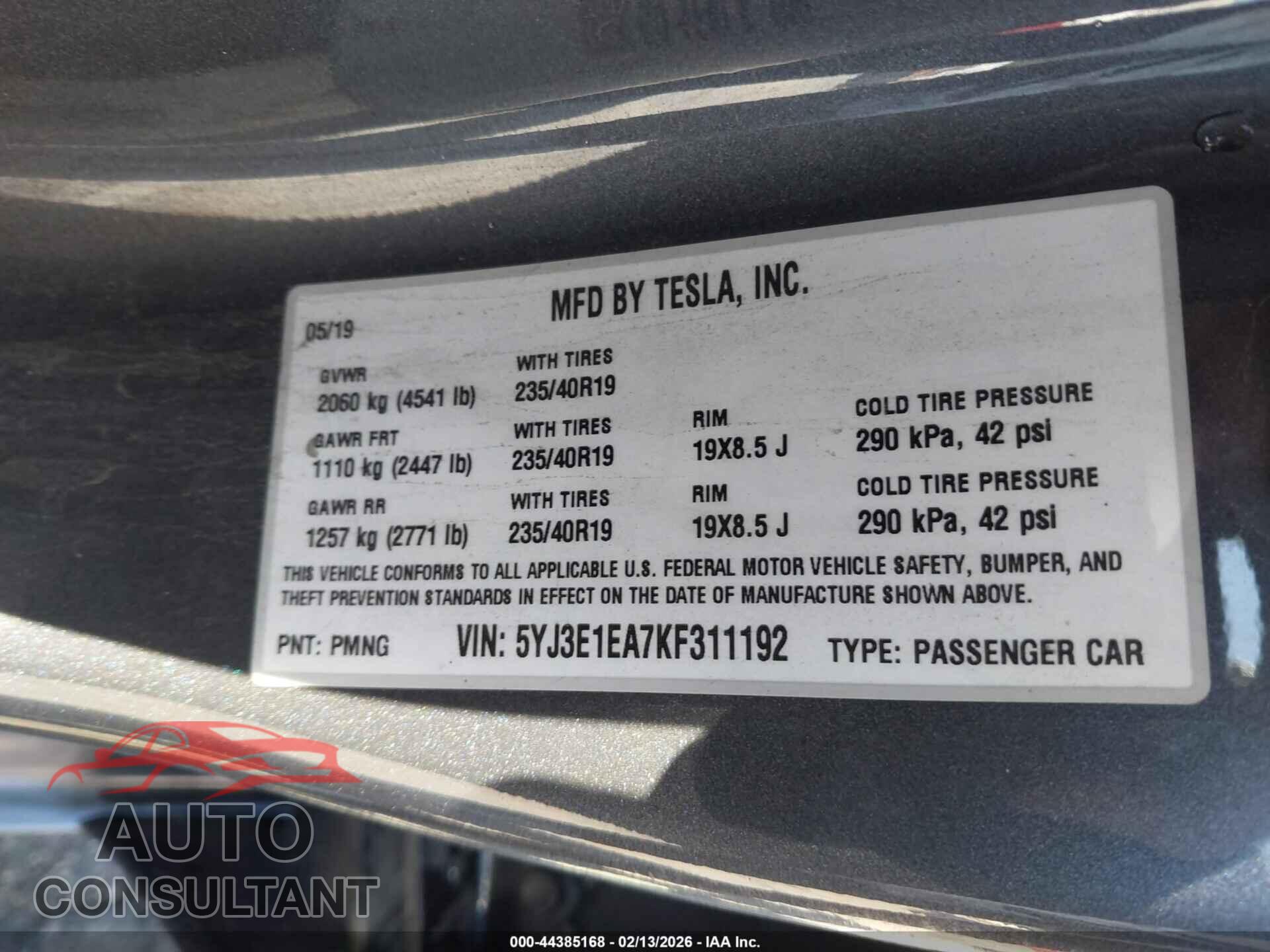 TESLA MODEL 3 2019 - 5YJ3E1EA7KF311192