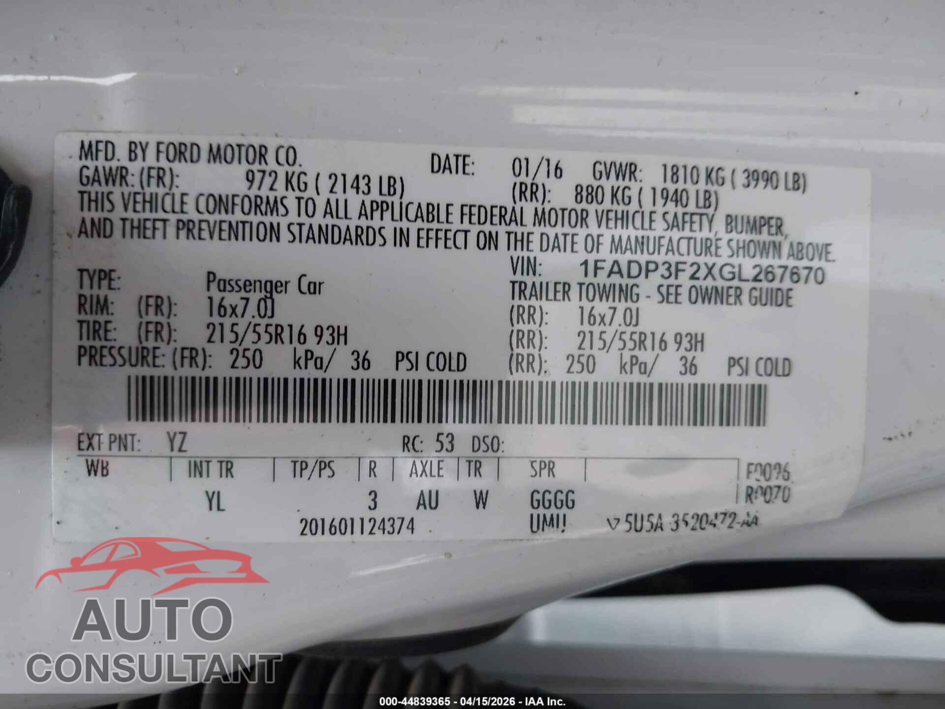 FORD FOCUS 2016 - 1FADP3F2XGL267670