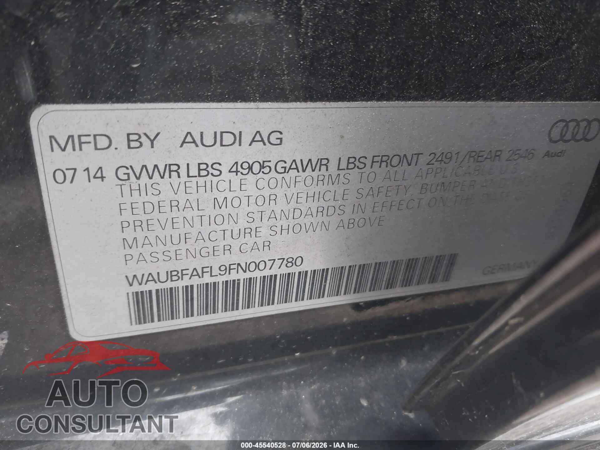 AUDI A4 2015 - WAUBFAFL9FN007780