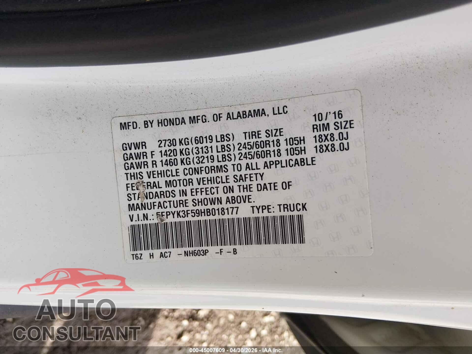 HONDA RIDGELINE 2017 - 5FPYK3F59HB018177