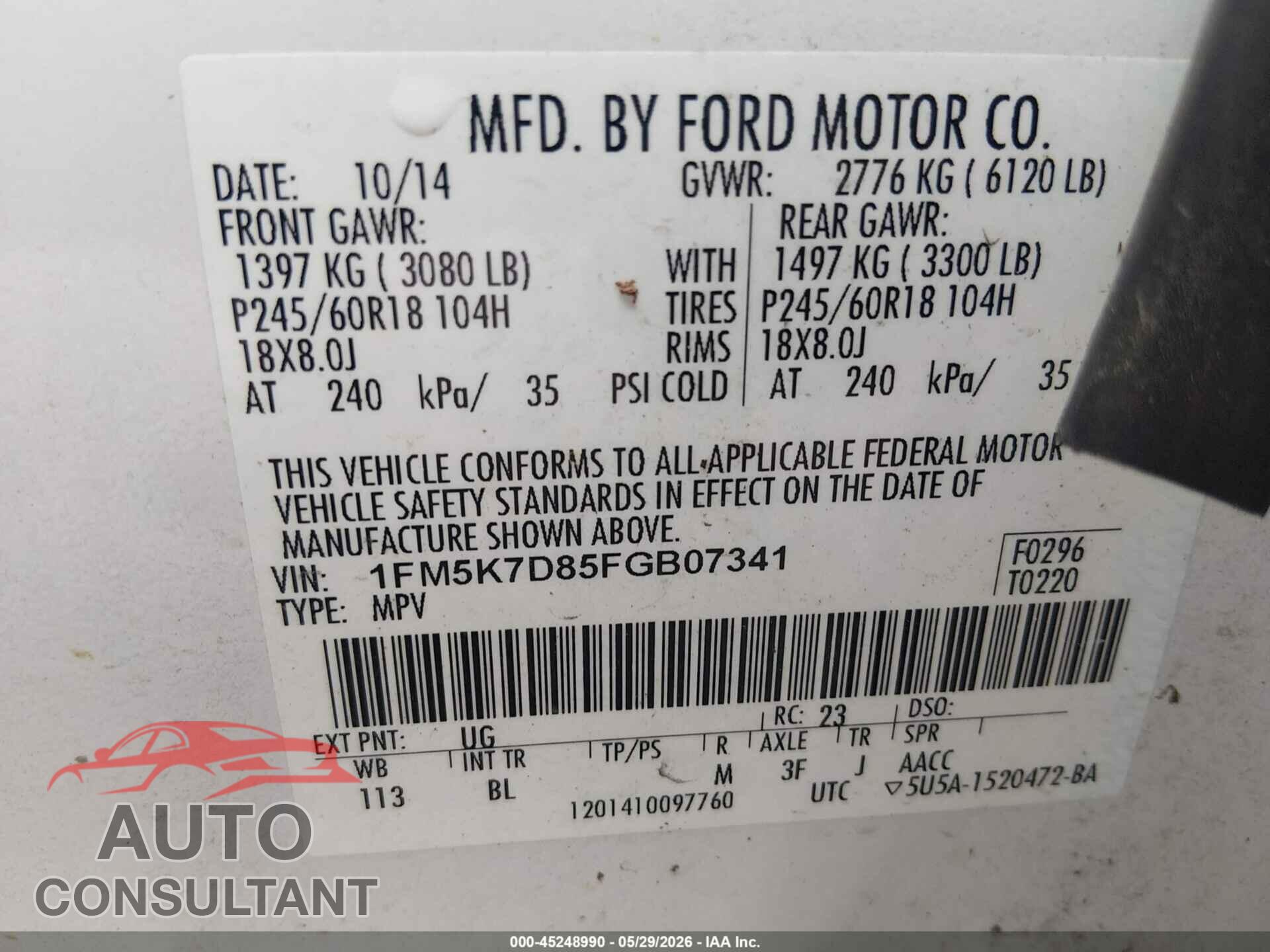 FORD EXPLORER 2015 - 1FM5K7D85FGB07341