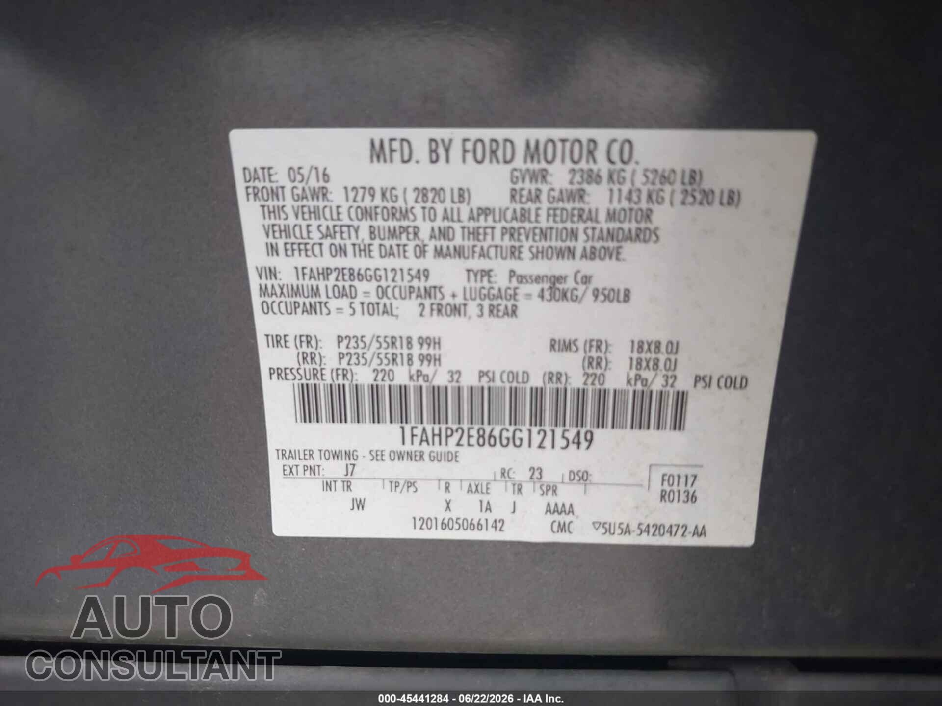 FORD TAURUS 2016 - 1FAHP2E86GG121549