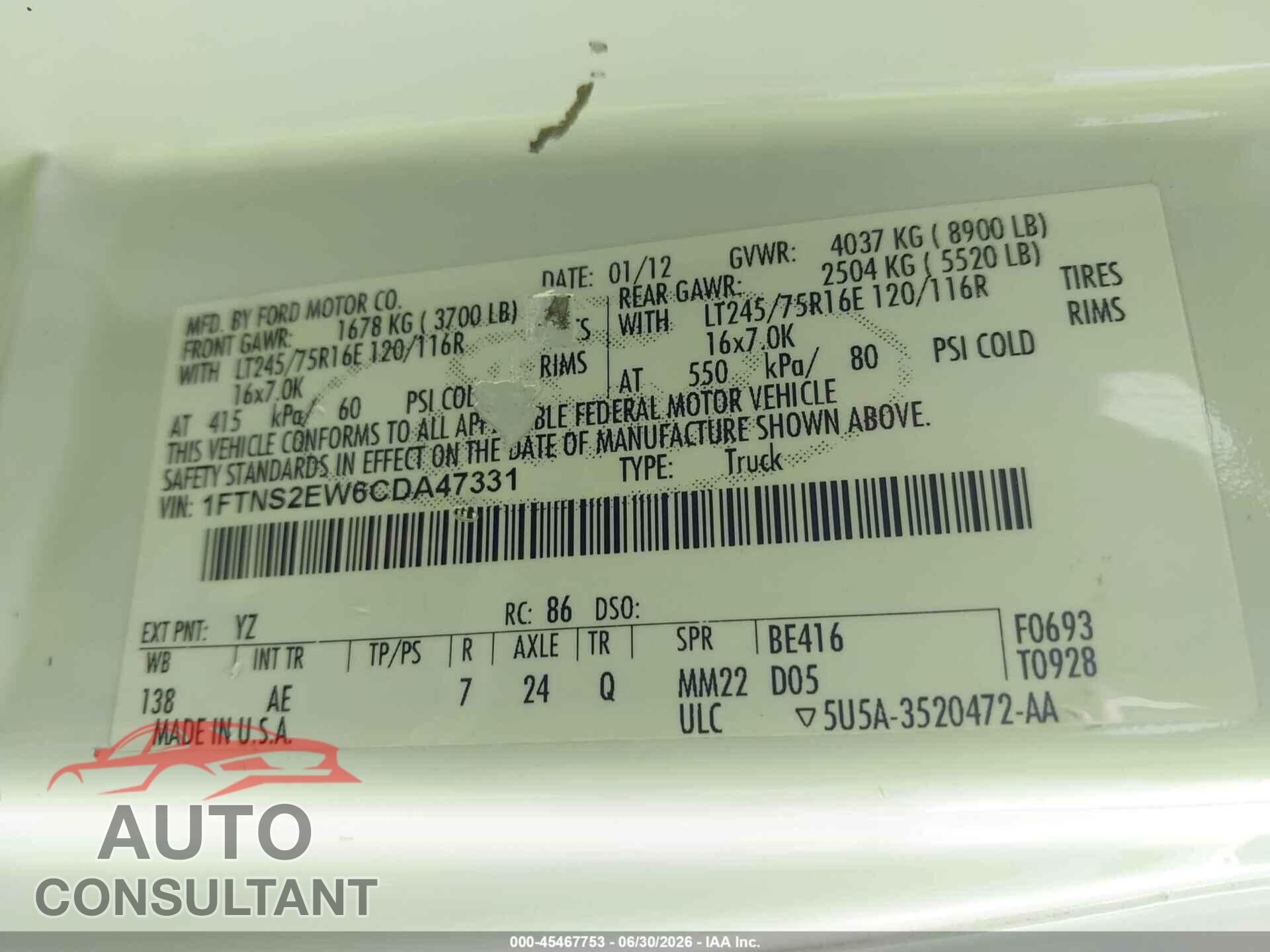 FORD E-250 2012 - 1FTNS2EW6CDA47331