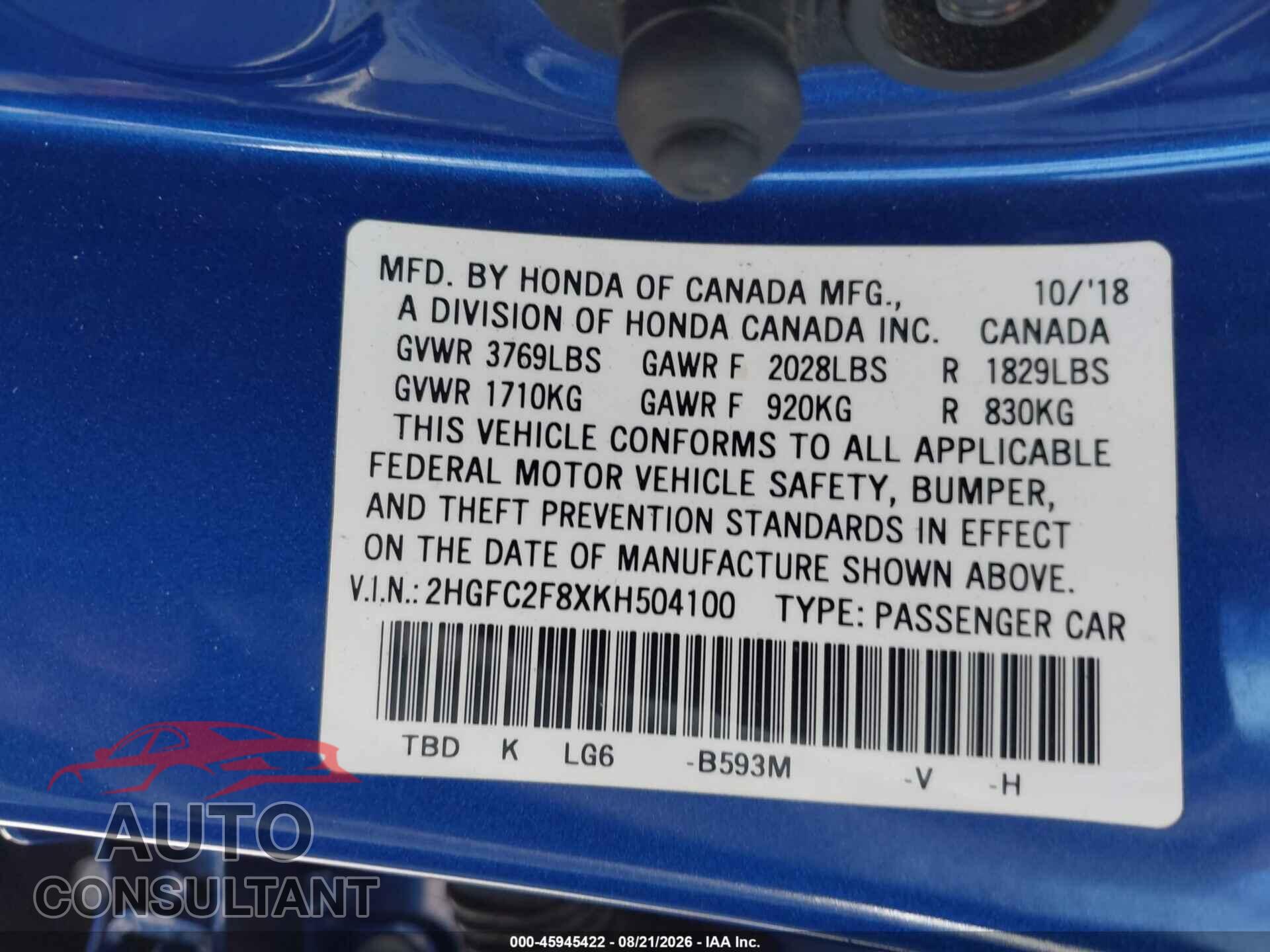 HONDA CIVIC 2019 - 2HGFC2F8XKH504100