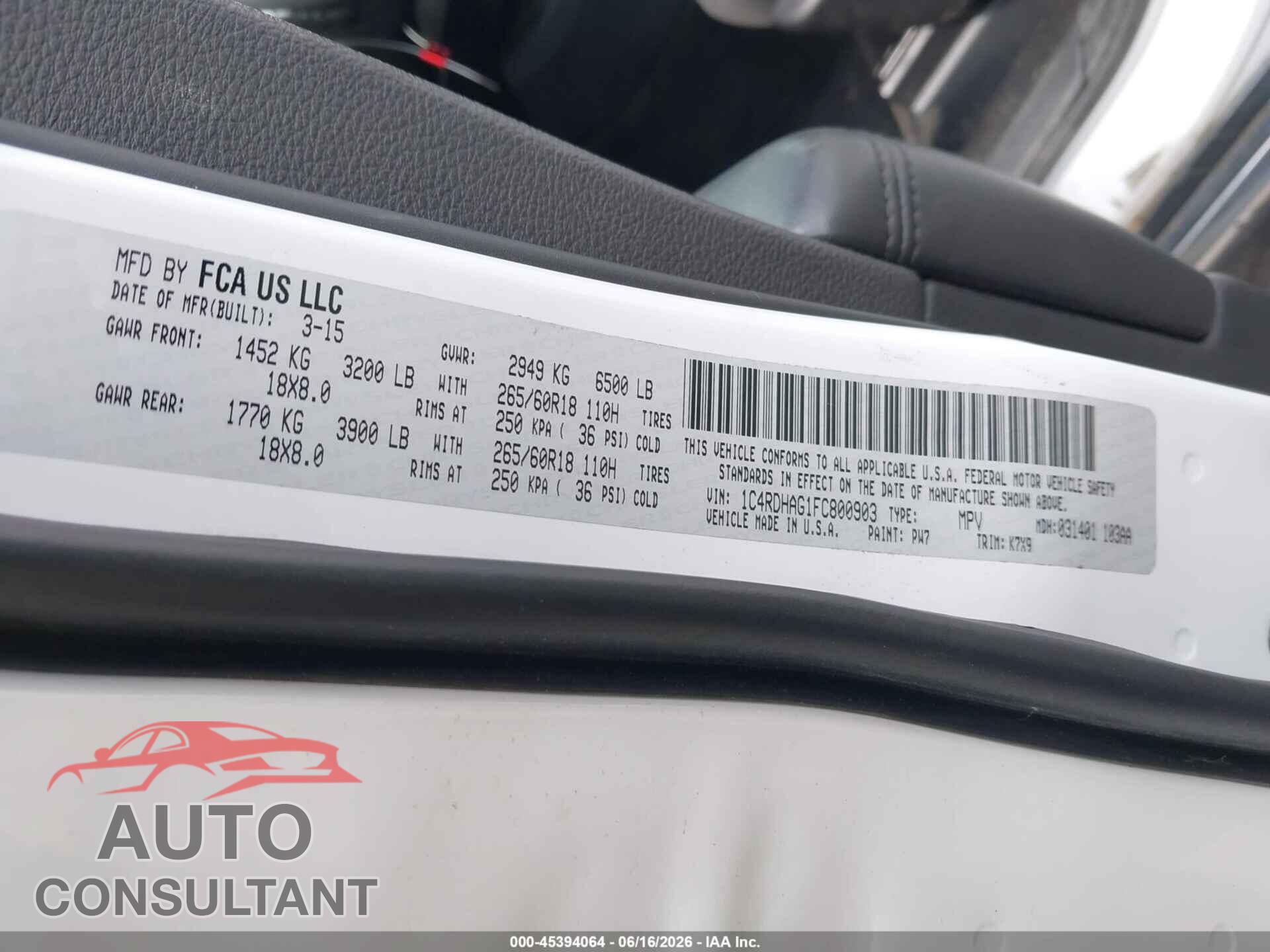 DODGE DURANGO 2015 - 1C4RDHAG1FC800903
