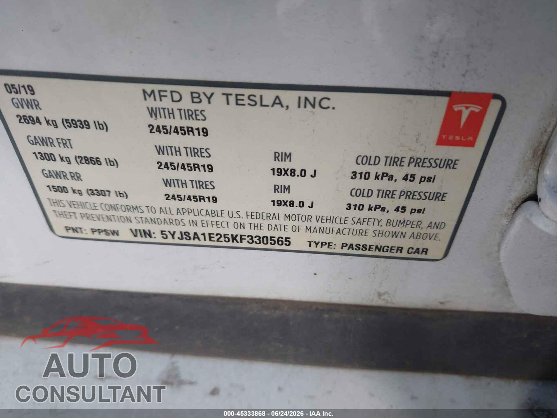 TESLA MODEL S 2019 - 5YJSA1E25KF330565