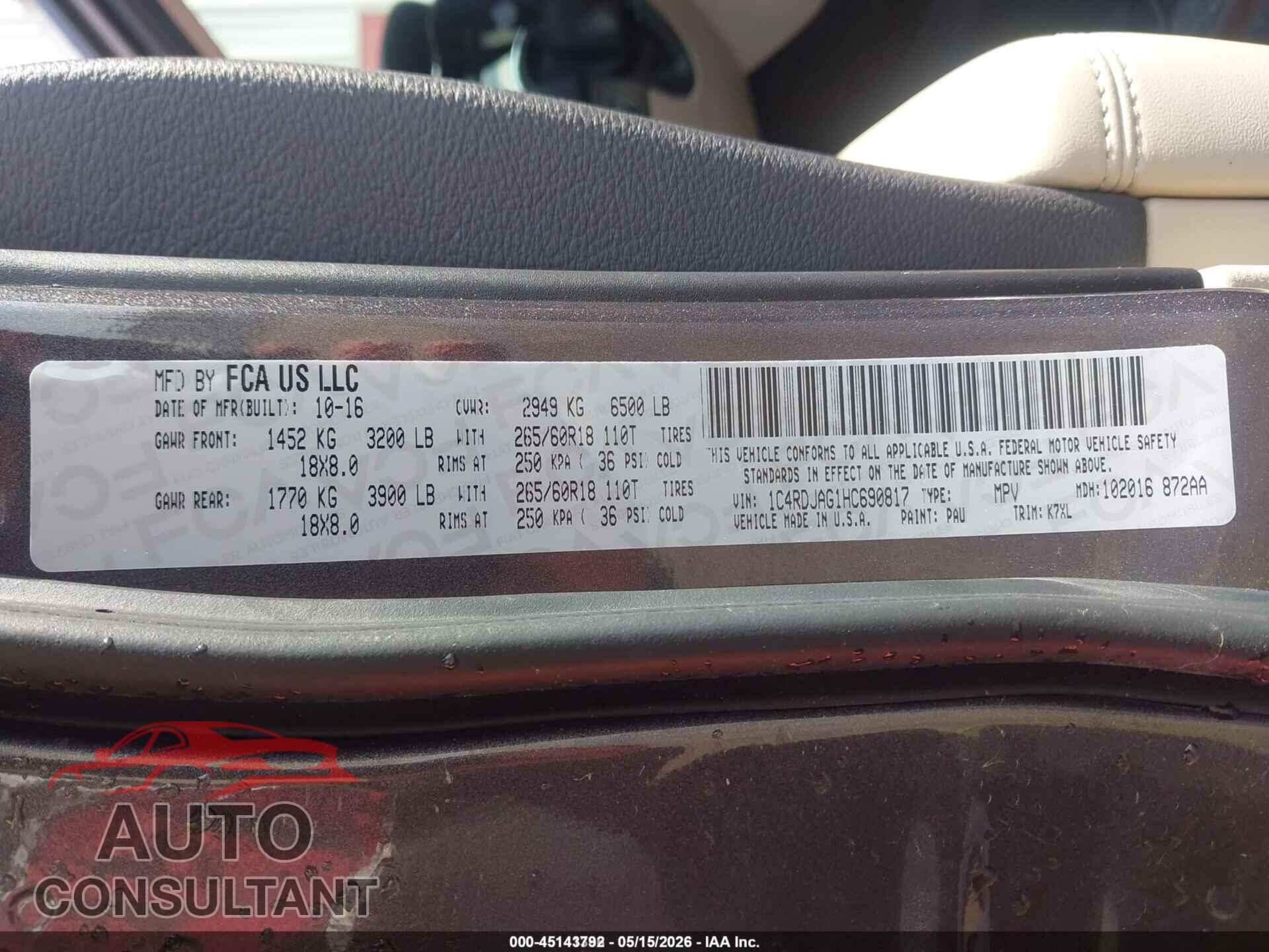 DODGE DURANGO 2017 - 1C4RDJAG1HC690817