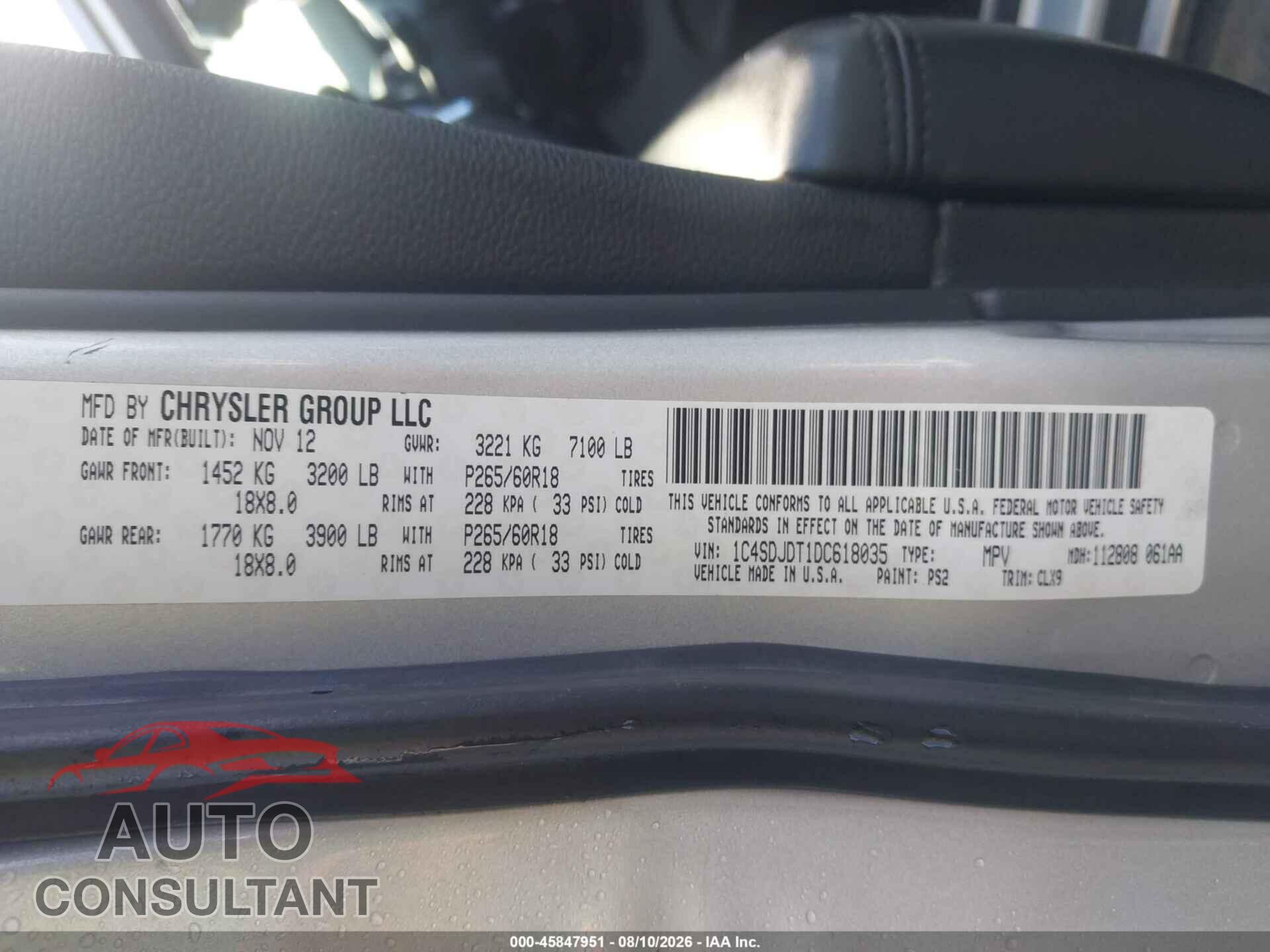 DODGE DURANGO 2013 - 1C4SDJDT1DC618035