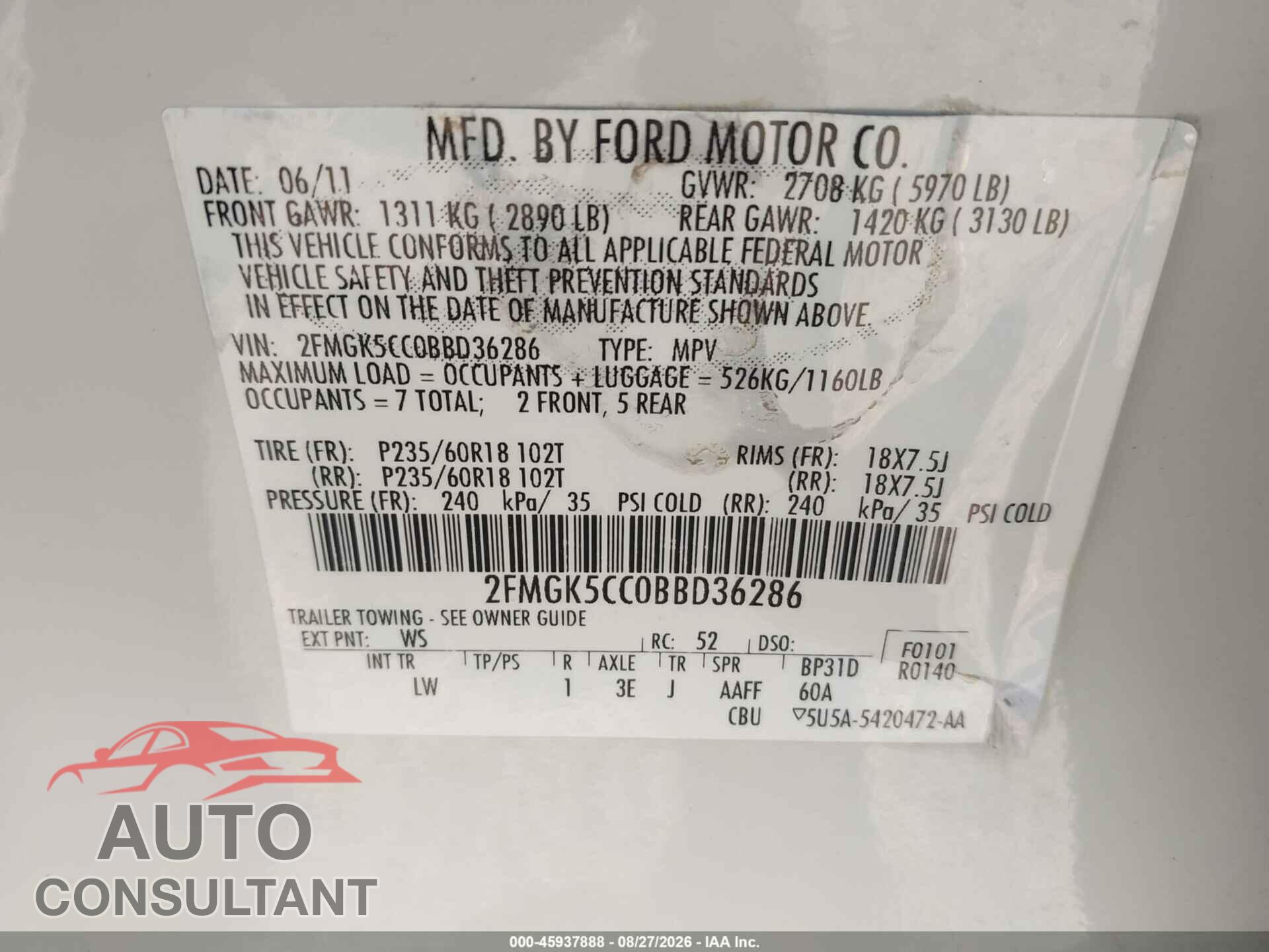 FORD FLEX 2011 - 2FMGK5CC0BBD36286