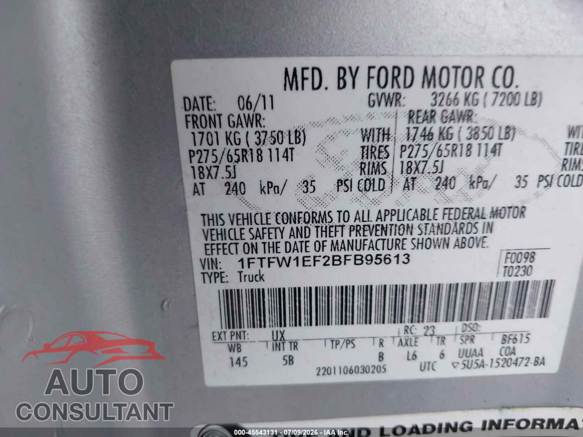 FORD F-150 2011 - 1FTFW1EF2BFB95613
